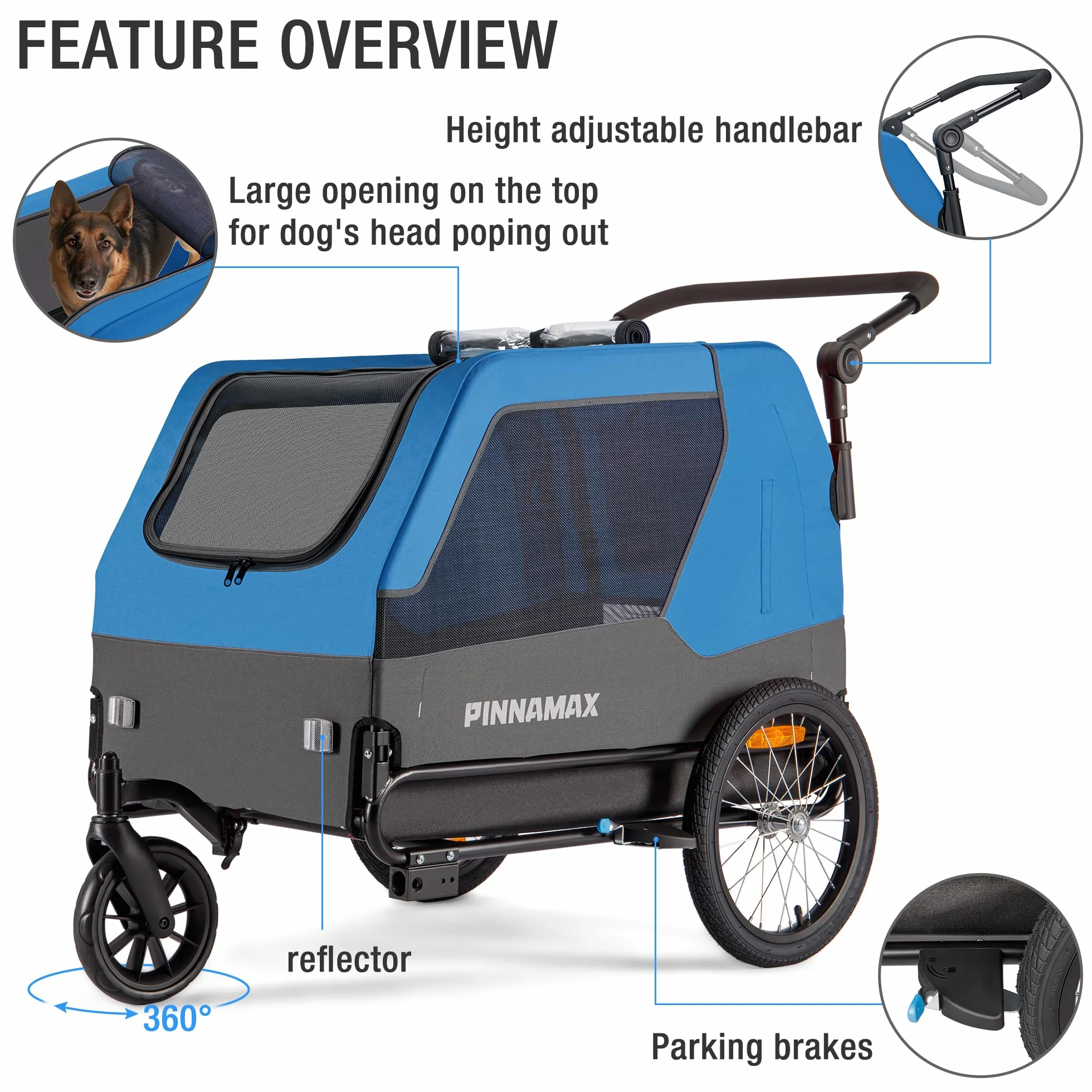 Remorque pour Chien PINNAMAX 2-en-1 45 kg Poussette vélo attelage Universel