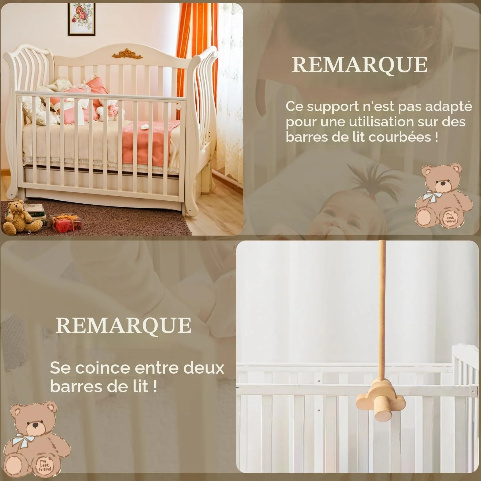 Support Mobile Bebe Bois, Support de Lit Rotatif, Base Nuage, Suspension Carillons pour Lit Enfant et Table à Langer