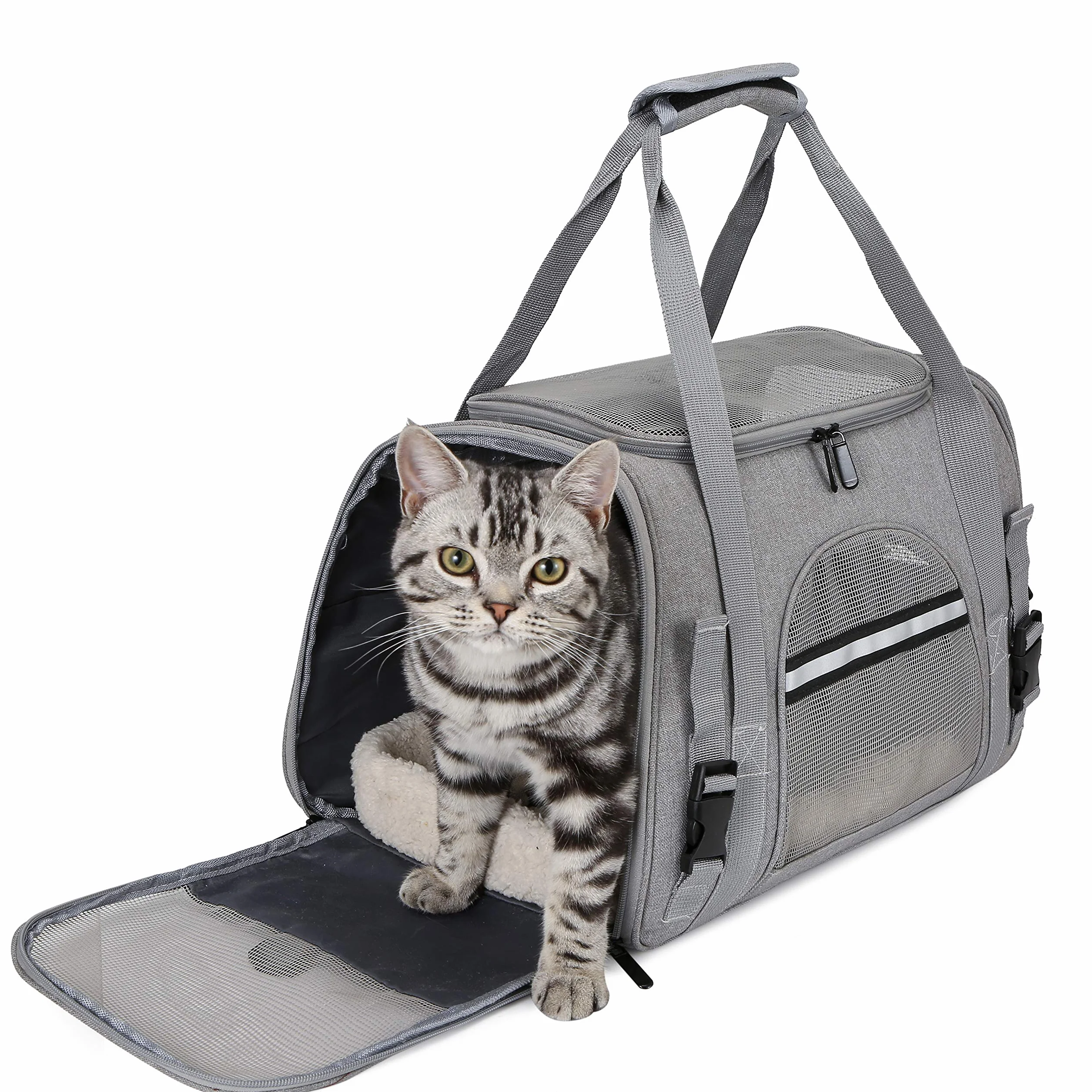 Sac Transport Chat Chien Respirant Pliable Caisse avec Bandoulière Réglable Matelas en Peluche Amovible