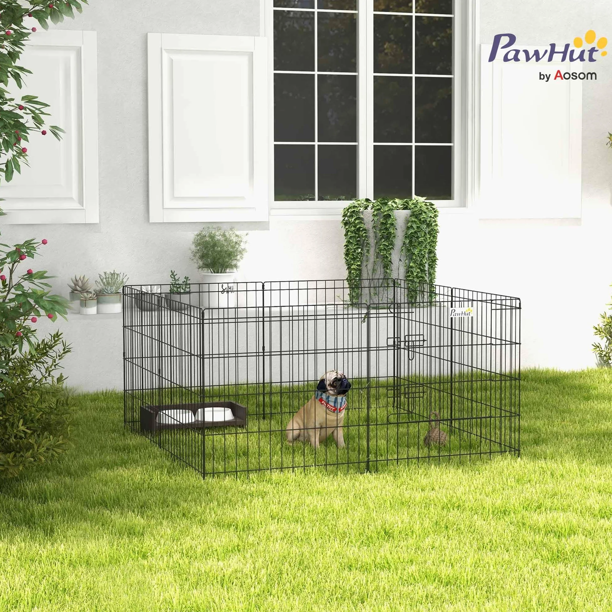 PawHut Parc enclos modulable pour Chiens Lapins rongeurs clôture Petits Animaux intérieur extérieur Pliant 1 Porte 8 Panneaux Fil métal 61 x 61 cm Noir