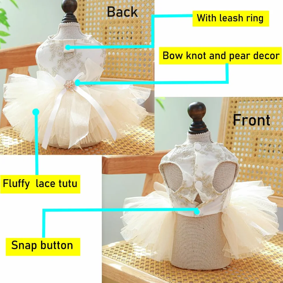 Robe de mariée brodée pour Chien avec Anneau pour Laisse, Tutu en Dentelle Multicouche, Taille M, Champagne