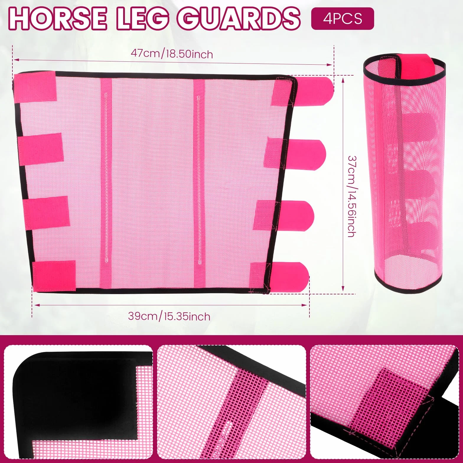 Lot de 4 bottes en maille respirante pour cheval - Legging confortable - Fatigue des jambes - Enroulez les jambes pour protéger (rose)