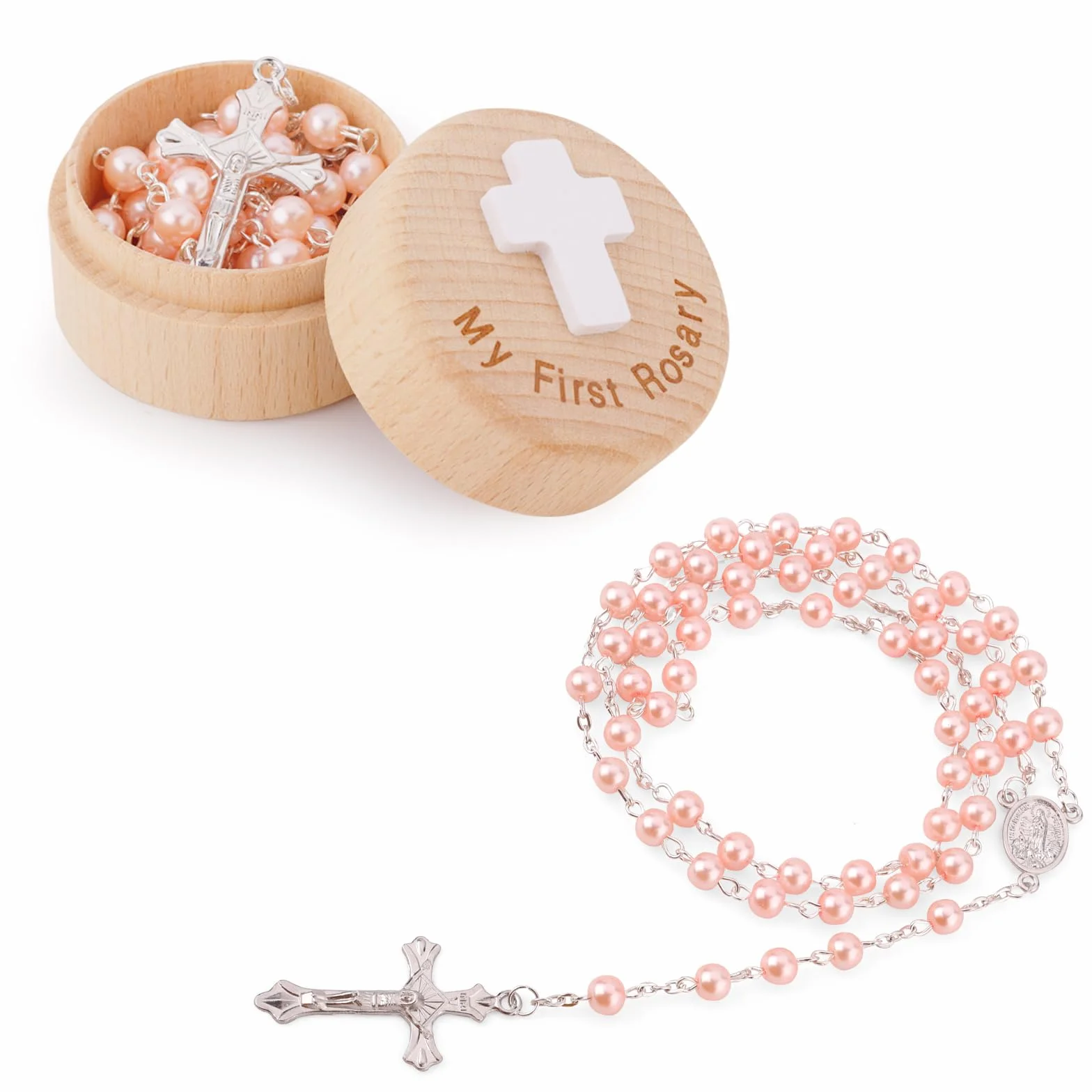 Cadeaux de Baptême My First Rosary Boîte à Souvenirs Collier Chapelet Rose Première Communion Catholique Baby Shower