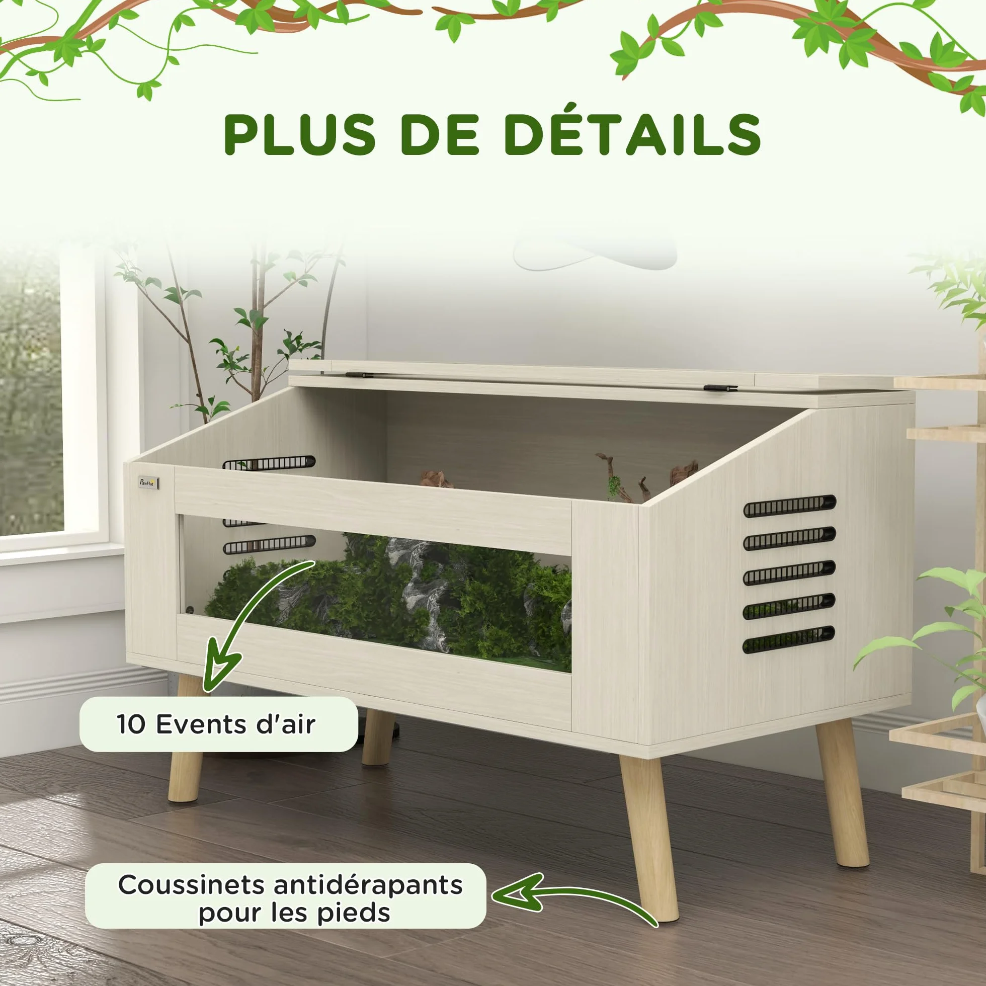 PawHut Terrarium Reptiles 140L Verre trempé 100 x 50 x 60 cm Bois naturel