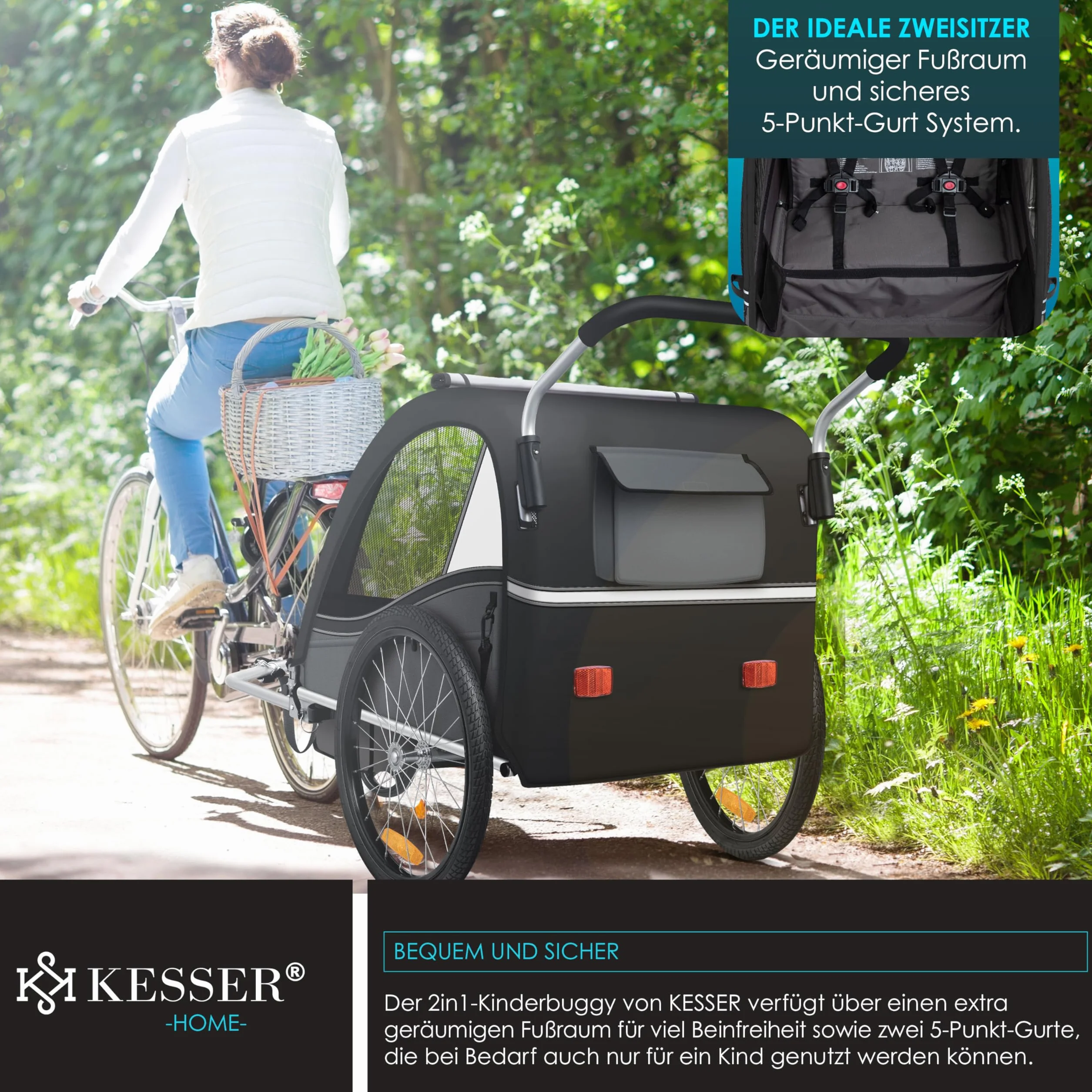 KESSER® Remorque pour Enfants 2en1 Sport-RX Vélo + Running Ceinture 5 Points 360° Roue Avant