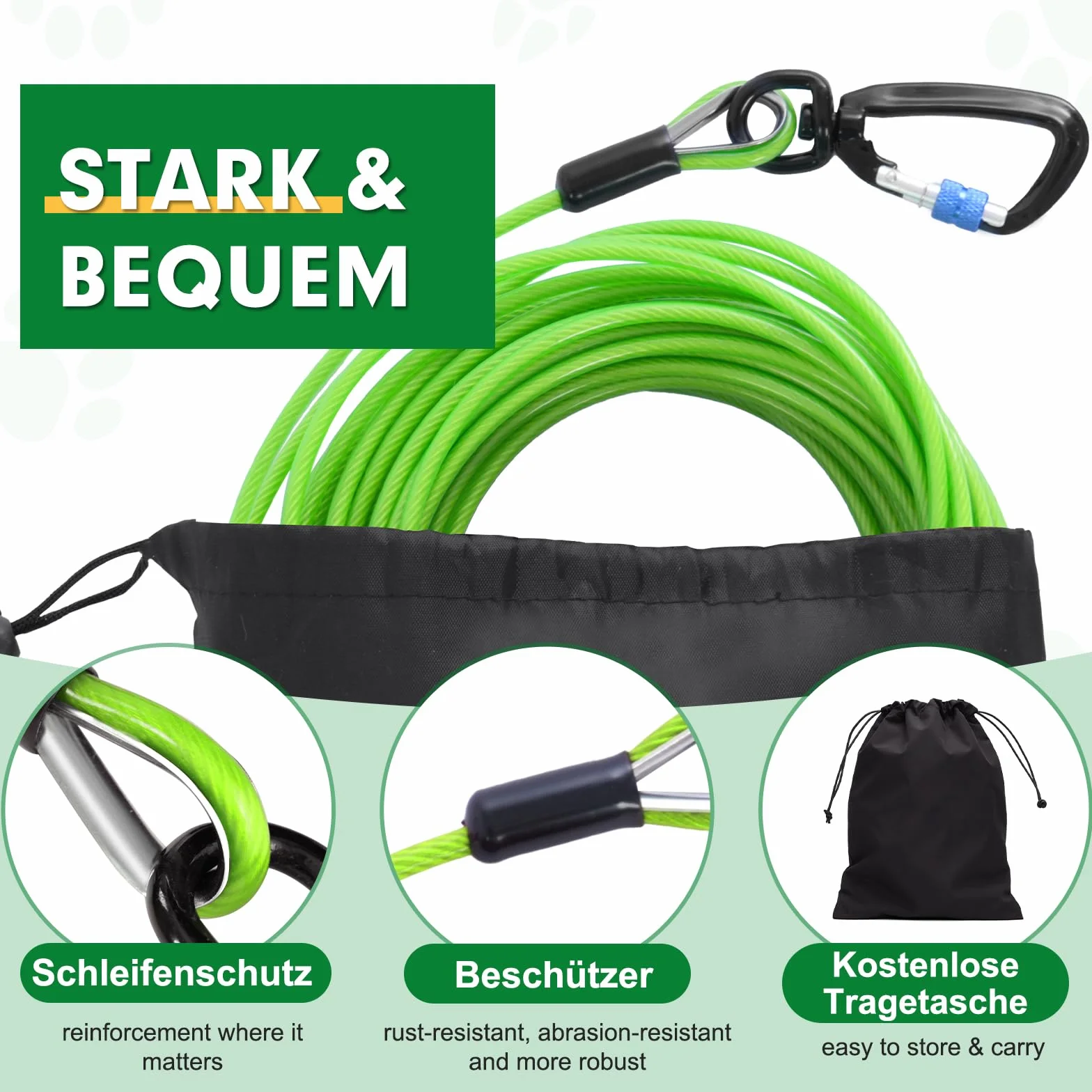 Hofleine Câble industriel en acier inoxydable 9M pour grands chiens avec tampon à ressort laisse extra longue étanche testé TÜV
