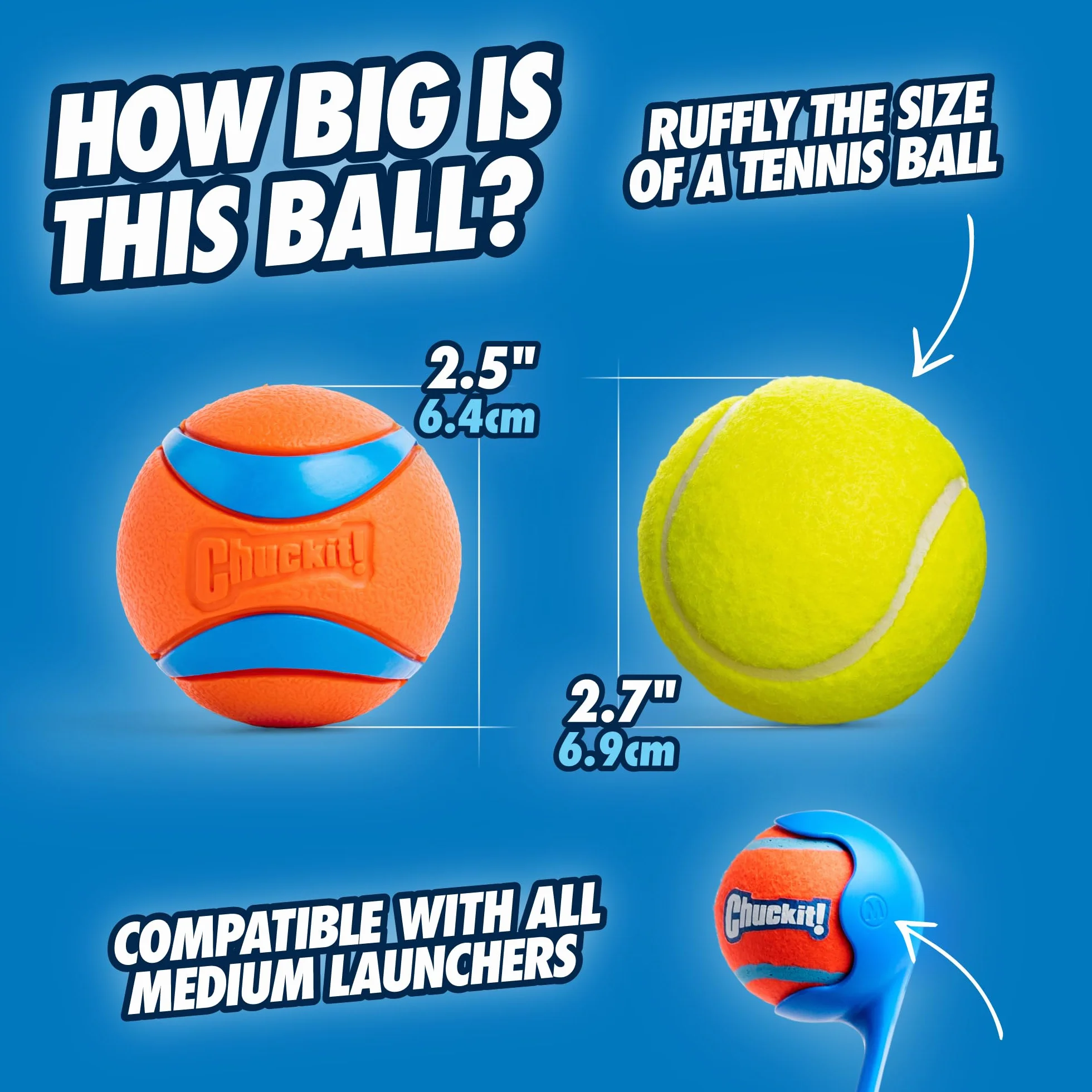 Chuckit! Ultra Ball & Launcher – Classic 66 cm avec 2 balles rebondissantes Moyennes (6,3 cm) pour Chiens de 9 à 27,2 kg, Accessoire Jouet Extérieur Jeux pour Chien, Lanceur de Balles