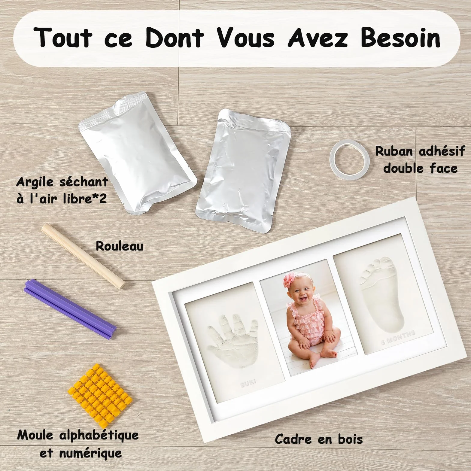 Cadre Empreinte Main Pied Bébé avec Argile Anti-Fissuration Blanc, Kit Cadeau Naissance