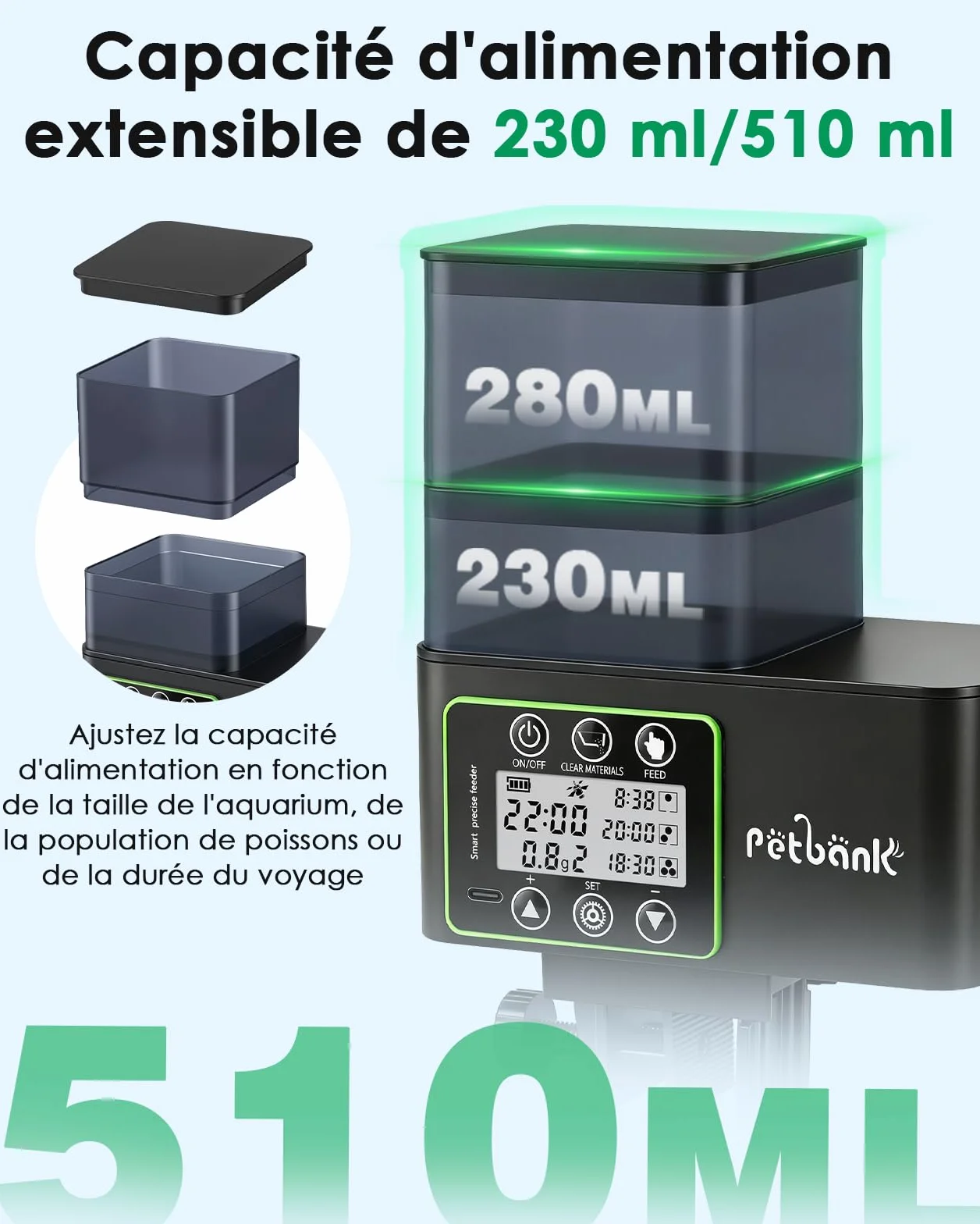 Distributeur Nourriture Poisson 230/510mL, Distributeur Automatique Poisson avec Timer, Distributeurs de Nourriture Aquarium Rechargeable USB, Écran LCD – Distributeurs de Nourriture Aquarium