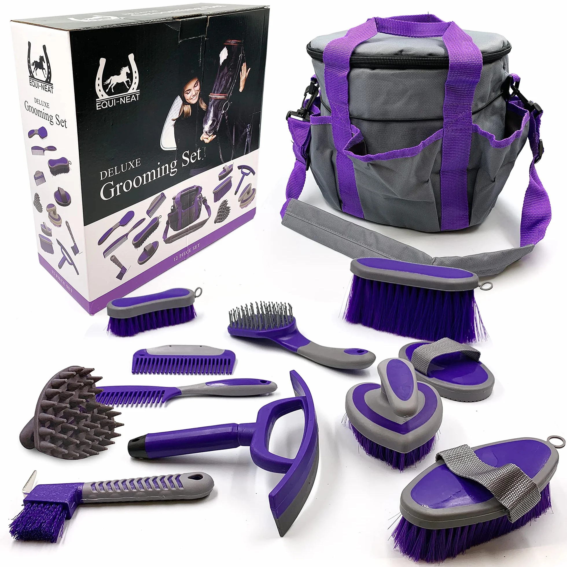 Kit toilettage équestre Equi-Neat 12 pièces brosse crin peigne curry cure-sabots