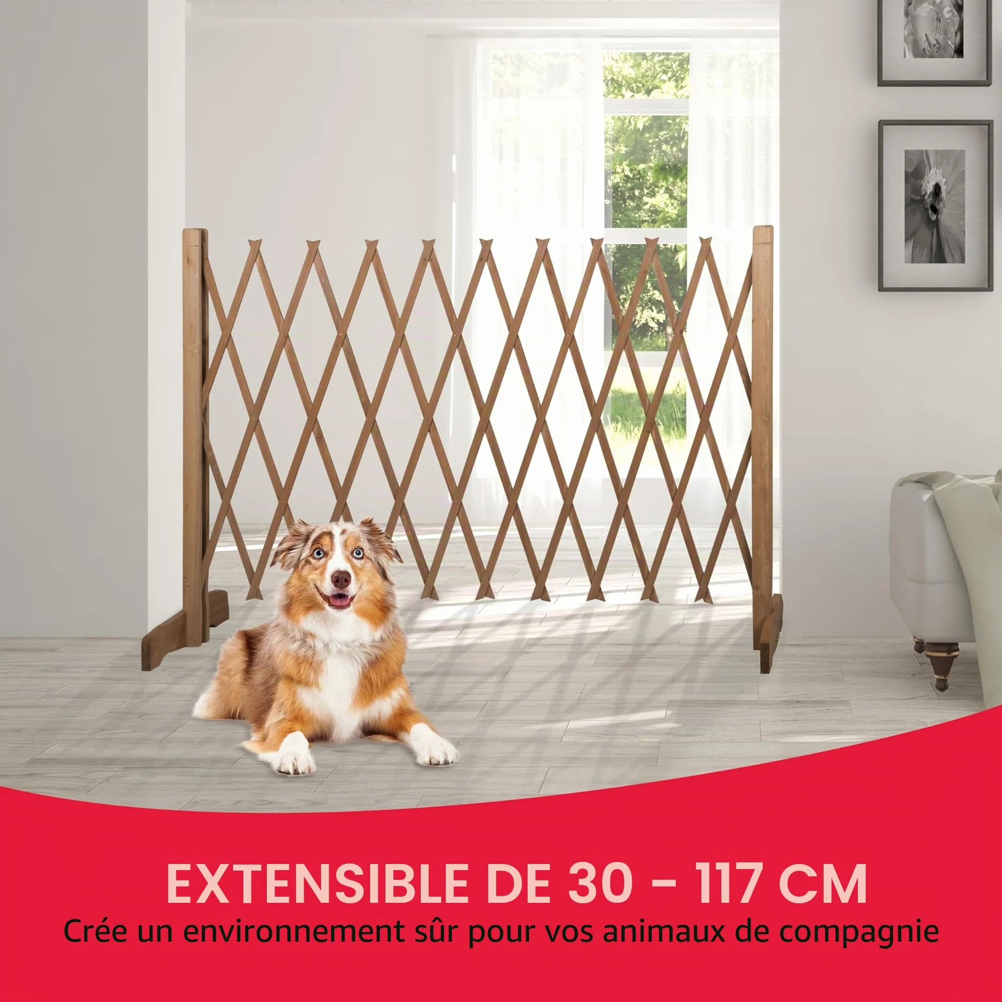 Maxxpro Barrière de Chien en Bois - Largeur Extensible 30-140 cm - Barrière Autoportante