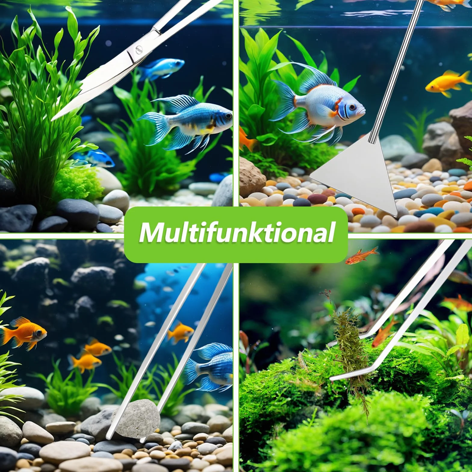 Lot de 4 outils d'aquarium en acier inoxydable - Ciseaux, pince à épiler, kit de nettoyage