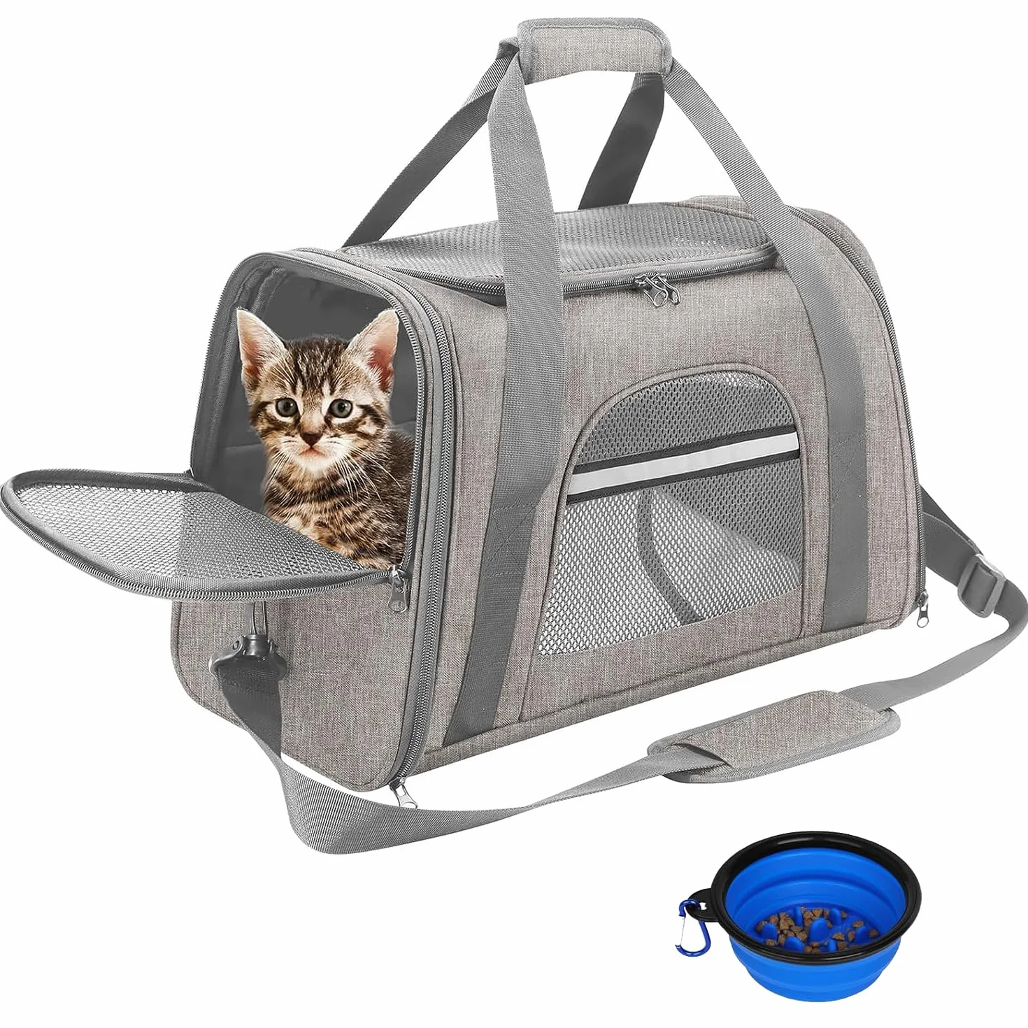 Sac de Transport pour Chat Chien avec Matelas Amovible et Bol, Pliable et Respirant (Gris)