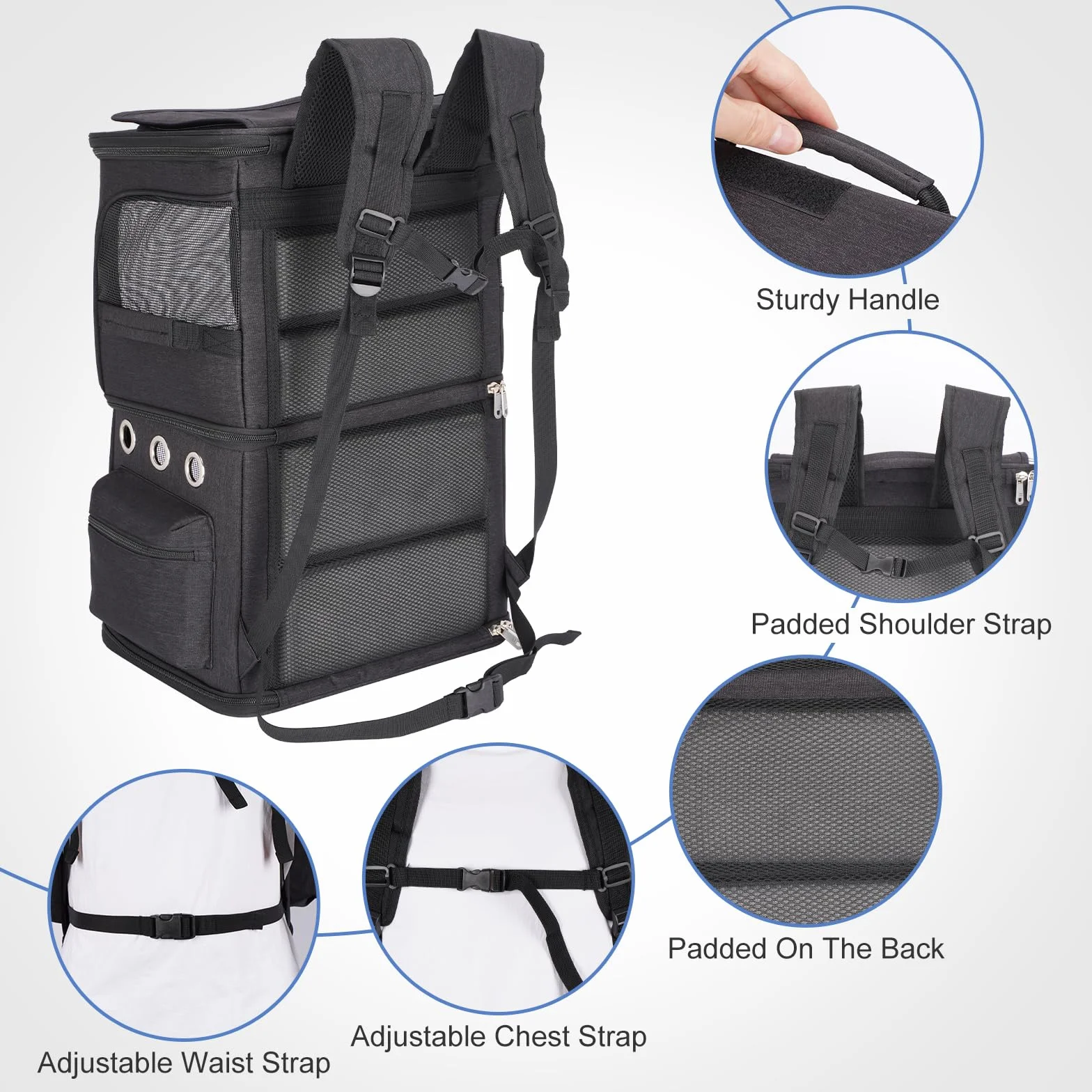 Sac à Dos pour 2 Chats 2-en-1 Double Compartiment Amovible Jusqu’à 12kg Pliable et Aéré Noir