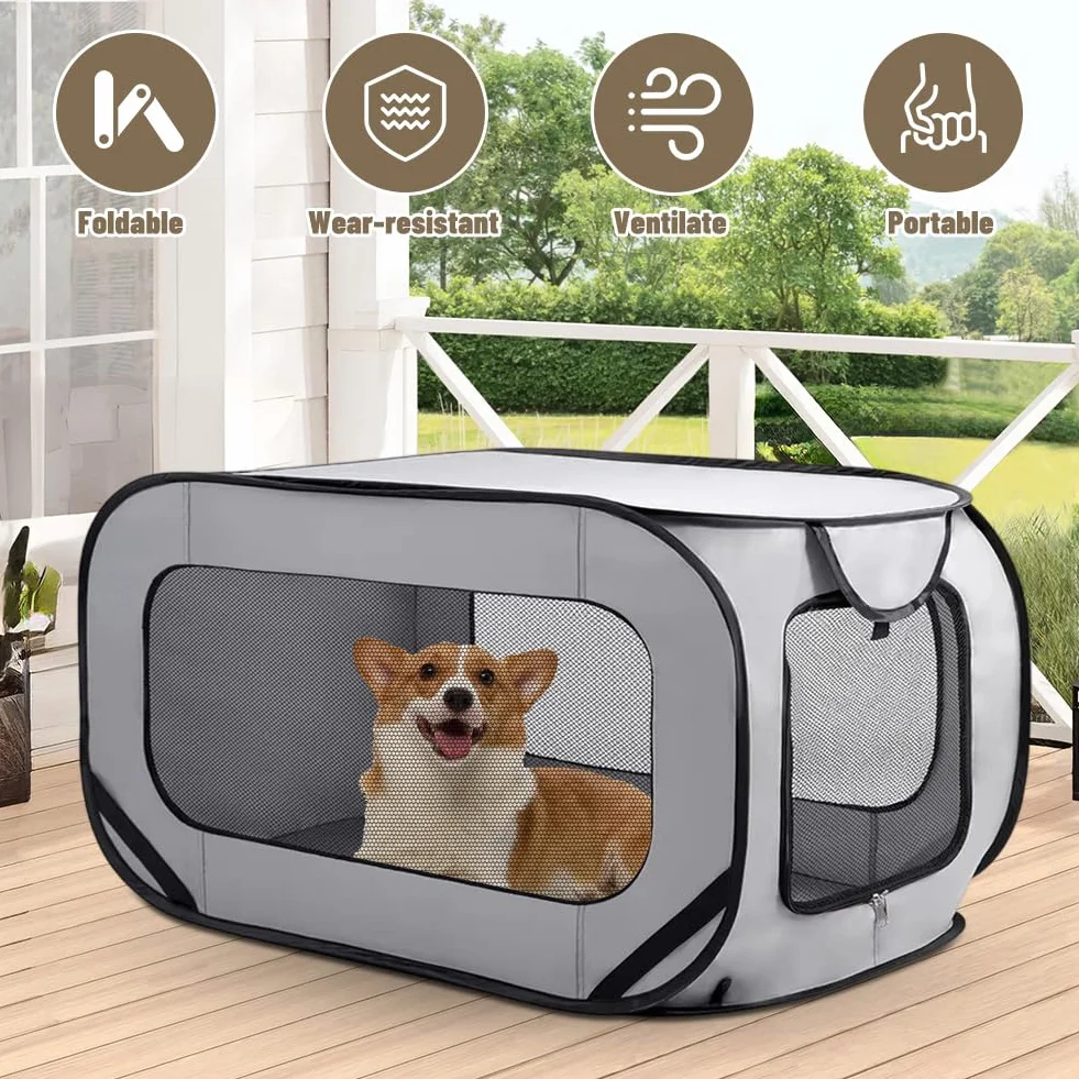 Cage de transport pliable pour chat et chien - En tissu Oxford - Double porte - Boîte de transport pop-up - Portable - 94 x 53 x 53 cm - Gris
