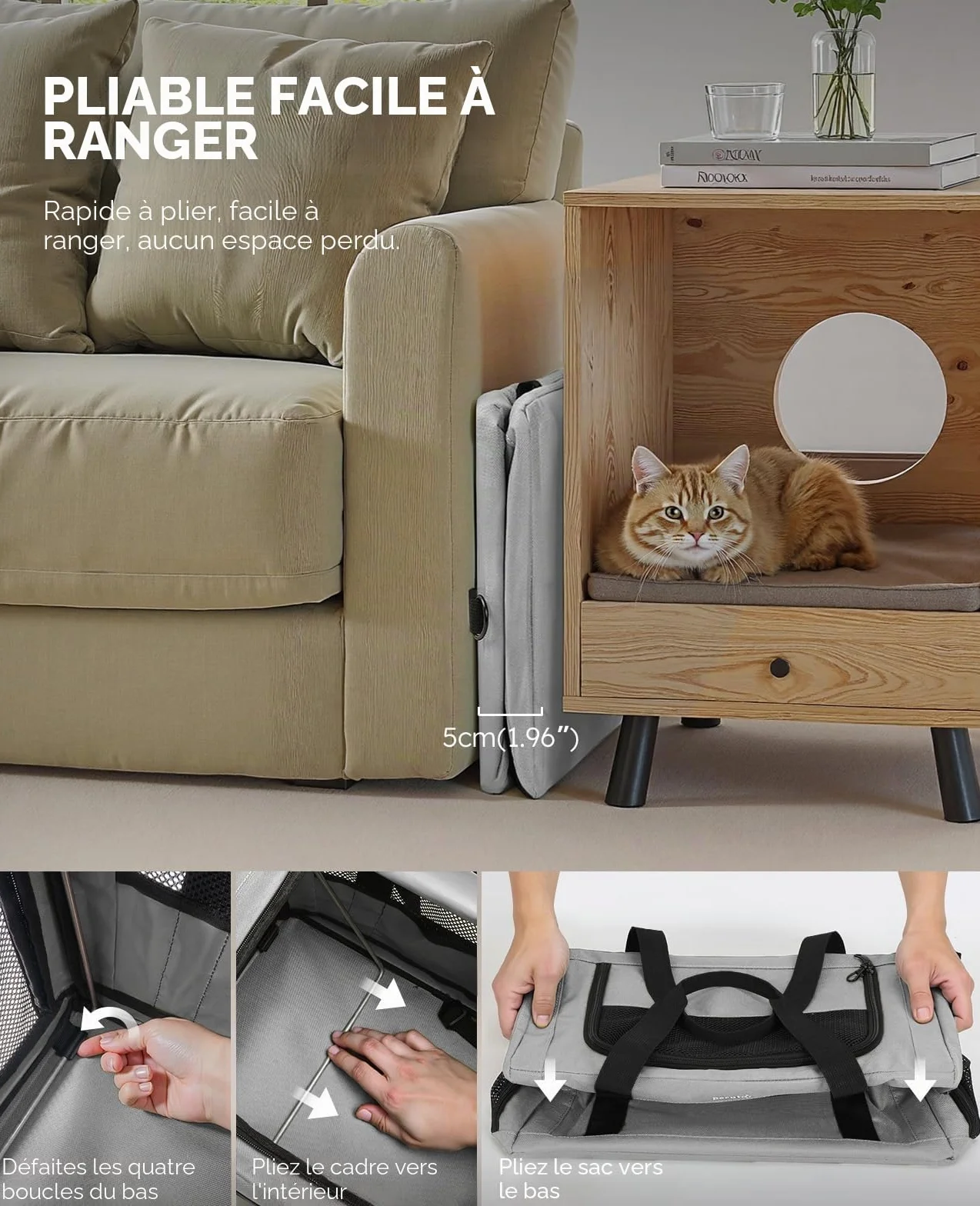 Pecute Sac de Transport pour Chat Pliable Ultra Stable Gris Voyage Chien Portable