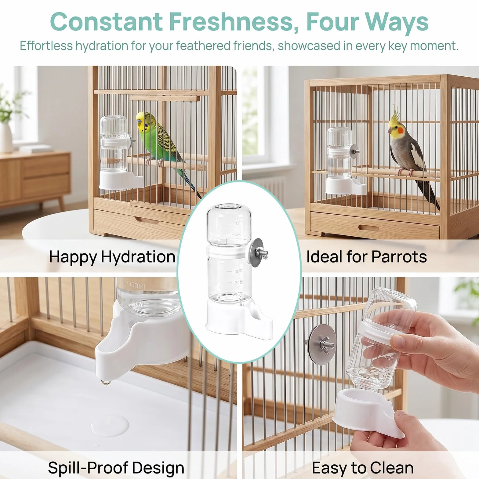 Abreuvoir Automatique pour Oiseaux de Cage 140 ML Transparent Distributeur Eau Oiseaux pour Perruches Perroquets
