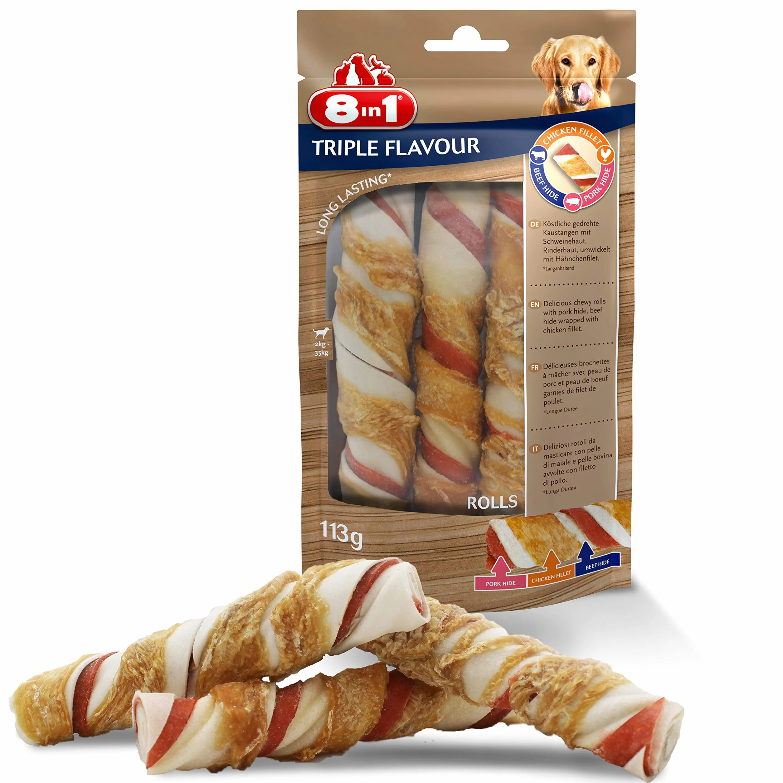 8in1 Triple Flavour Rolls Rouleaux à Mâcher pour Chien adulte Sans OGM