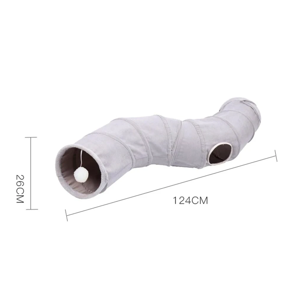 Tunnel pour Chat D'intérieur Jouets Pliables pour Chat Tube De Jeu en Forme De S Tunnel Froissé en Daim Gris pour Animaux De Compagnie avec Balle