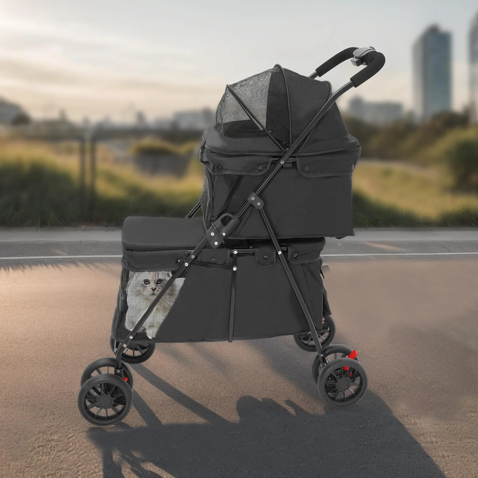 Poussette pliable à 2 couches pour chiens et chats - Avec fenêtre en filet, frein et sac de rangement - Cadre solide en acier au carbone - Charge maximale : 40 kg - 95 x 60 cm - Noir