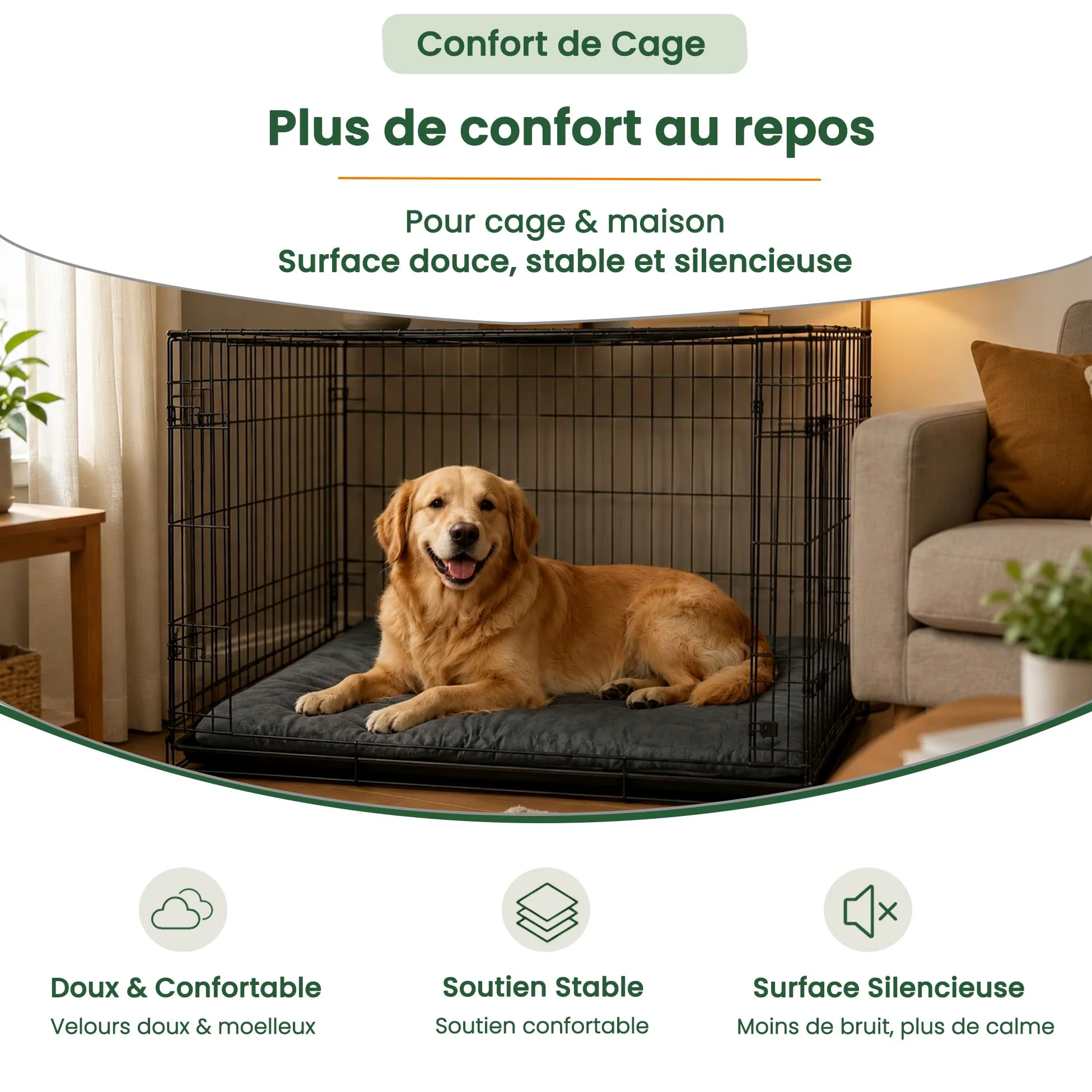 RovePad Cozy Tapis pour cage pour chien - 6 cm d'épaisseur - En velours - Dessous antidérapant en PVC - Lavable - Gris - Taille M