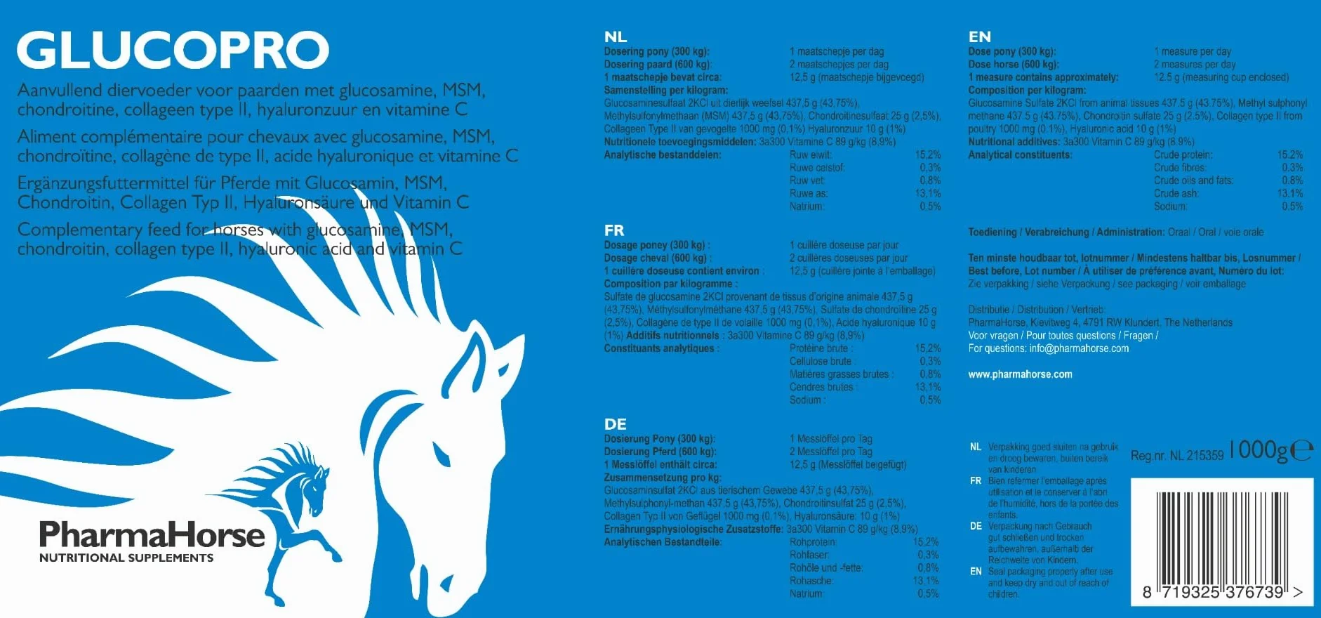PharmaHorse Glucopro Supplément Cheval 1000g MSM Vitamine C Glucosamine Collagène sans Sucre