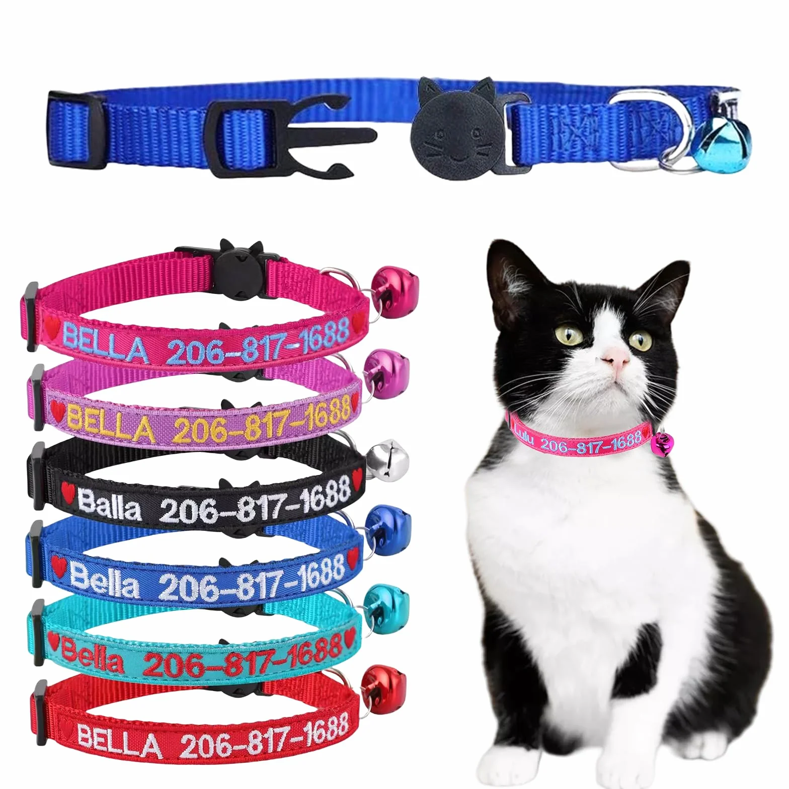 Collier de Chat personnalisé avec Nom et Numéro de Téléphone, Collier de Sécurité en Nylon, Boucle à Dégagement Rapide
