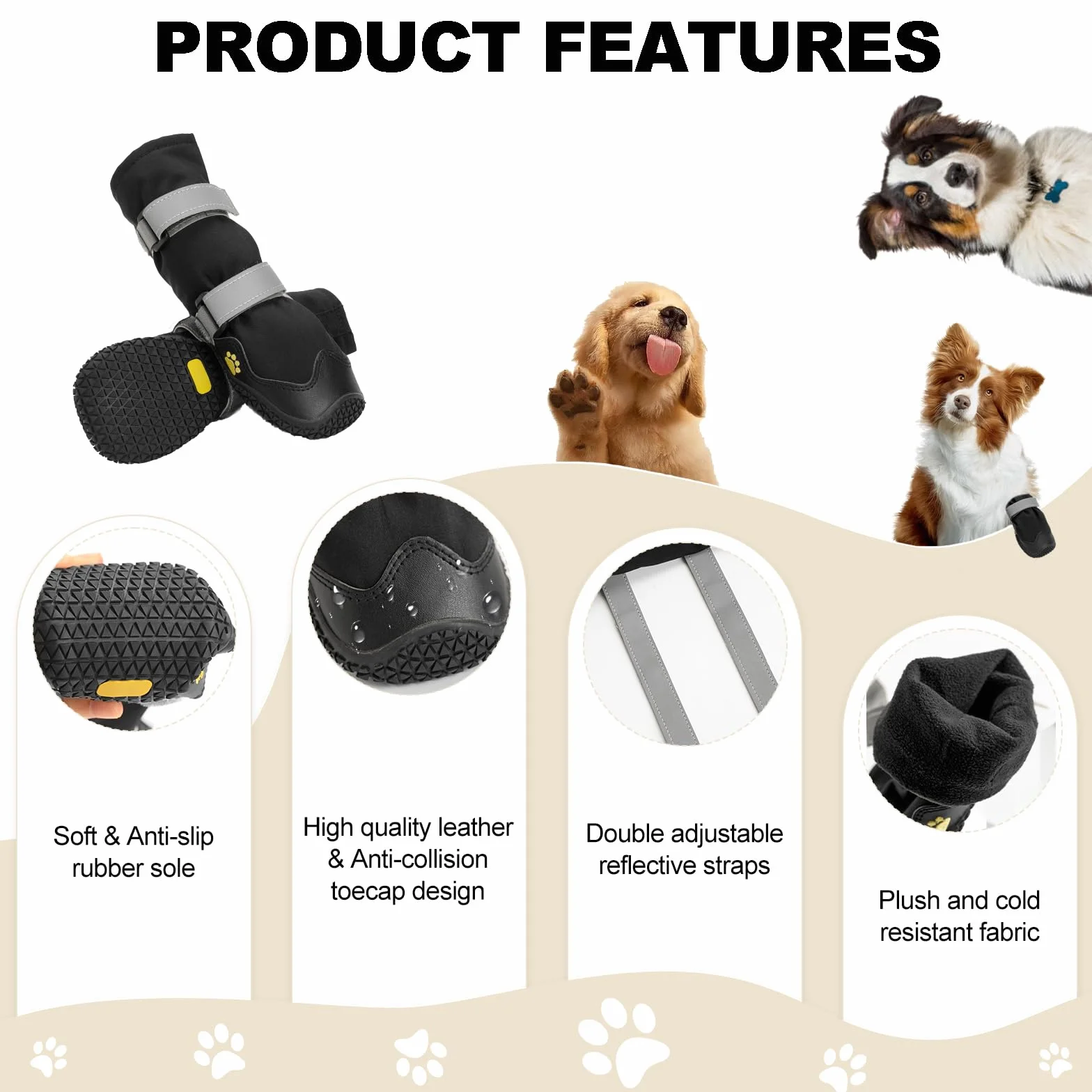 Antidérapant Chaussure Chien avec Sangles réfléchissantes, Bottines Chien imperméables, Semelles en Cuir résistant à l'usure, protège-Pattes pour Petits, Moyens et Grands Chiens 4 pièces(M, Noir)