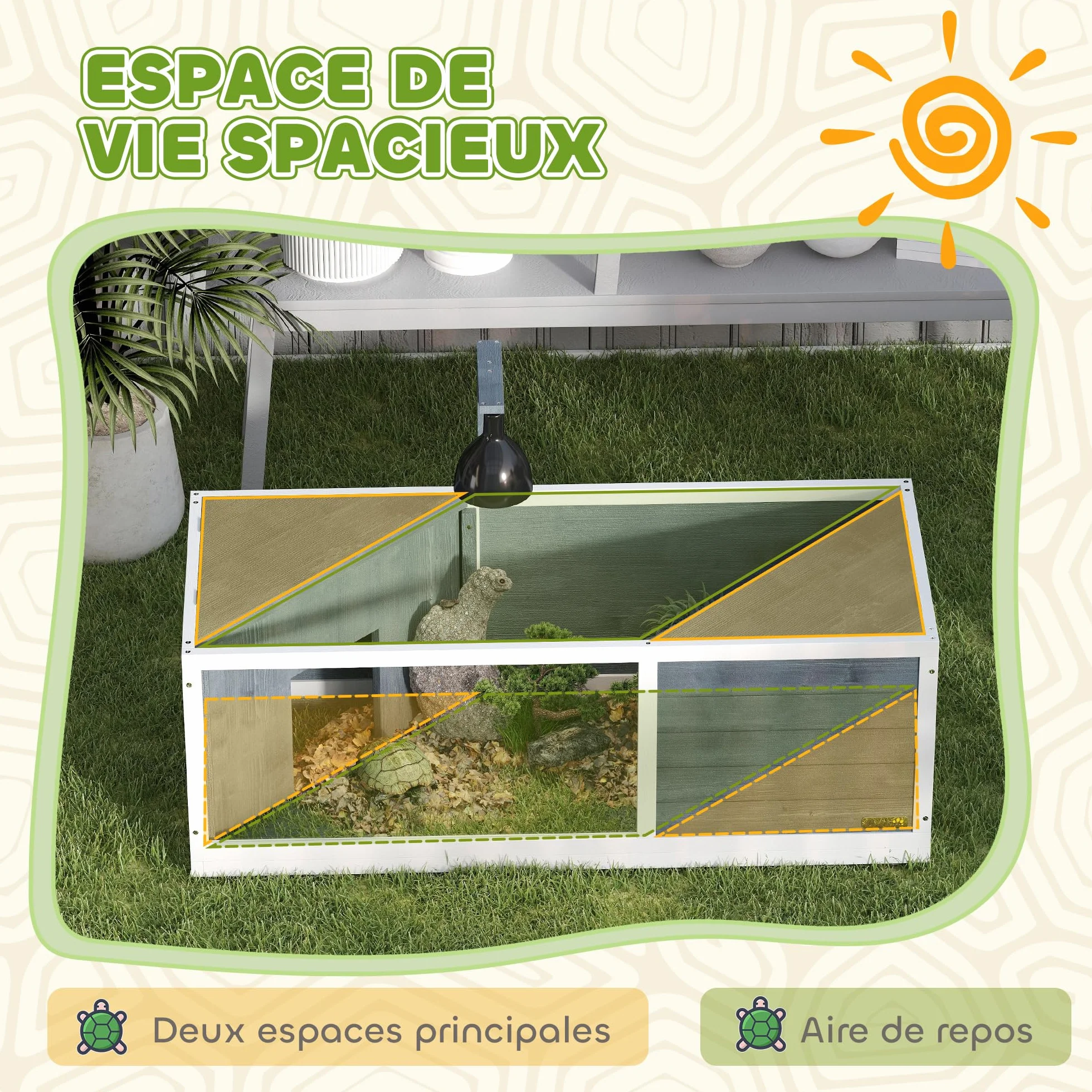 PawHut Maison pour Tortues XL 120 cm Terrarium Tortue terrestre en Bois 2 niches Toit ouvrant Aire de Jeu Ouverte enclos Support Lampe fenêtre panoramique Gris