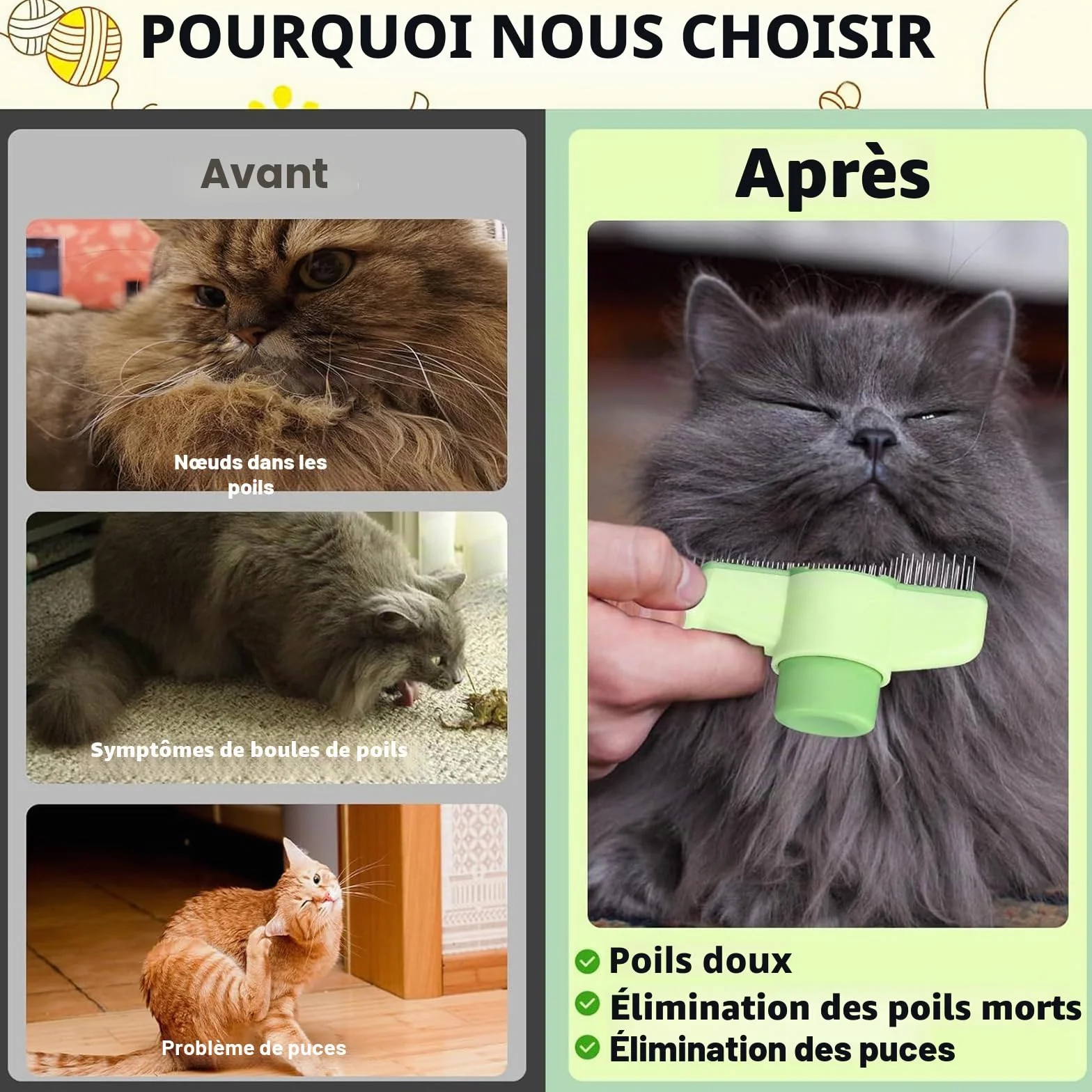 Brosse autonettoyante pour animaux de compagnie - Peigne à puces pour chat et poils longs/courts - Vert