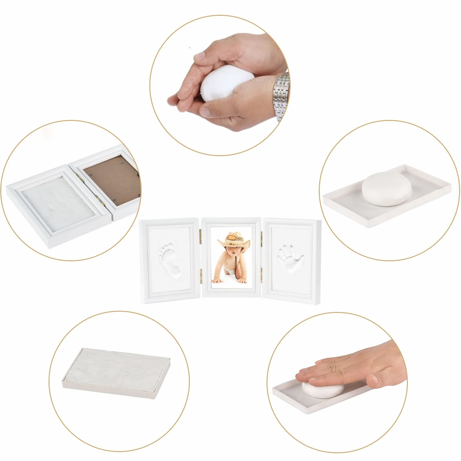 Empreinte de La Main Cadre Photo Kit pour Garçons Cadeau de Douche de Bébé 3 Parties Blanc
