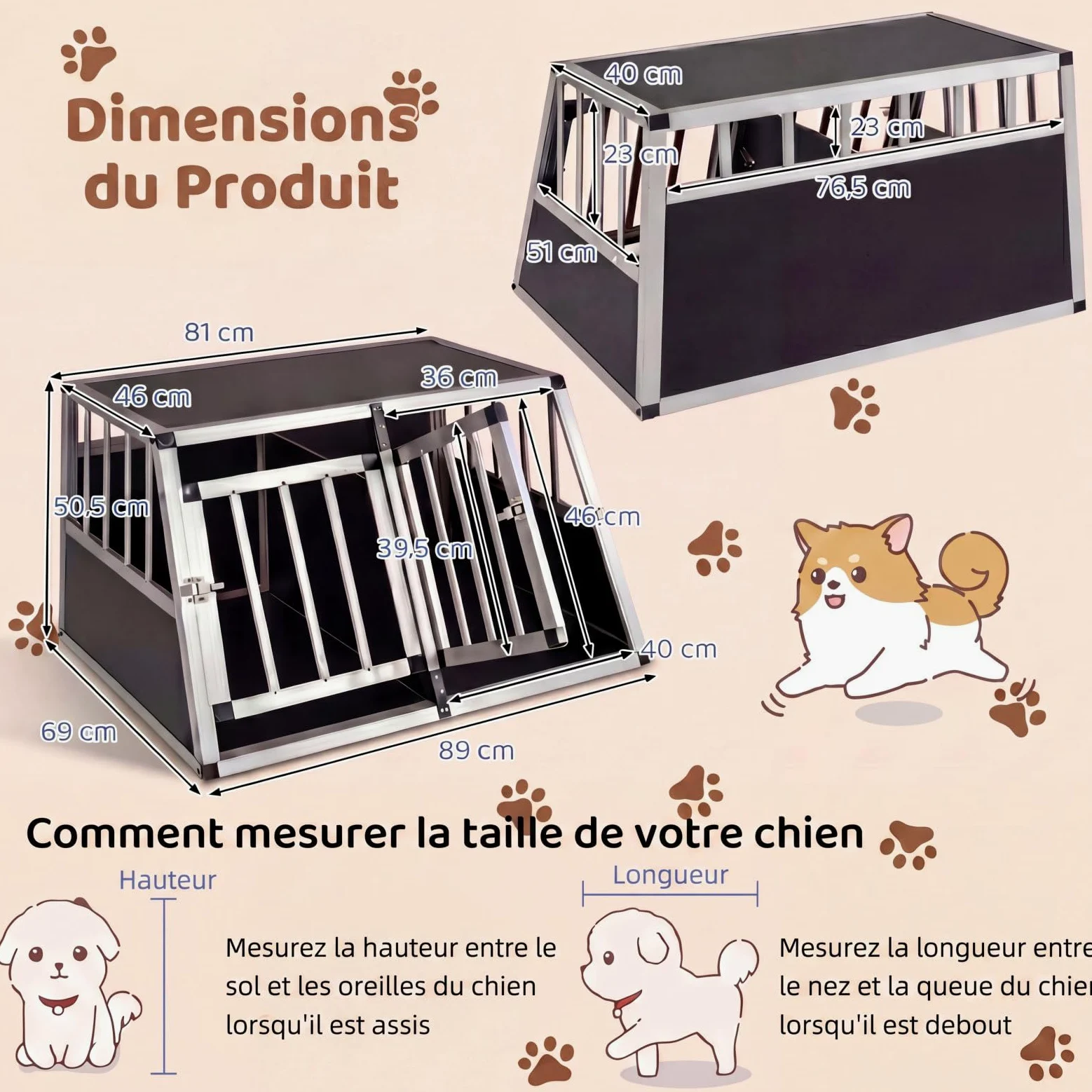 GYMAX Cage pour Chien avec Double Chambre, Séparateur Amovible, Porte Verrouillable, Niche avec Cadre Métallique, Caisse de Transport Voiture Trapézoïdale pour Petits Chiots, 80 x 65 x 48 cm