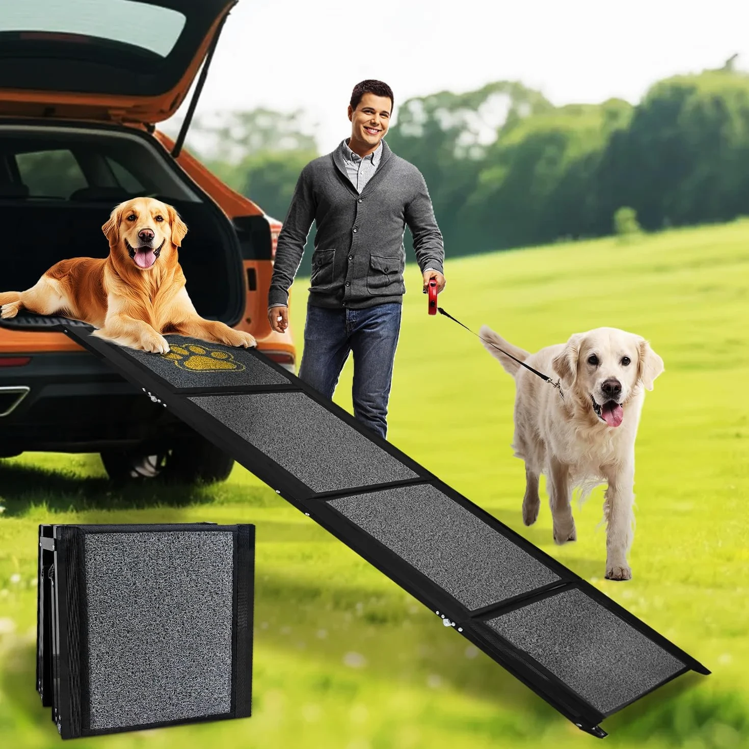Rampe de voiture pliable pour chien - 170 x 44 cm - Gris - Avec surface de tapis antidérapante - Jusqu'à 70 kg - En aluminium léger - Pour voitures, camions, SUV et escaliers d'extérieur