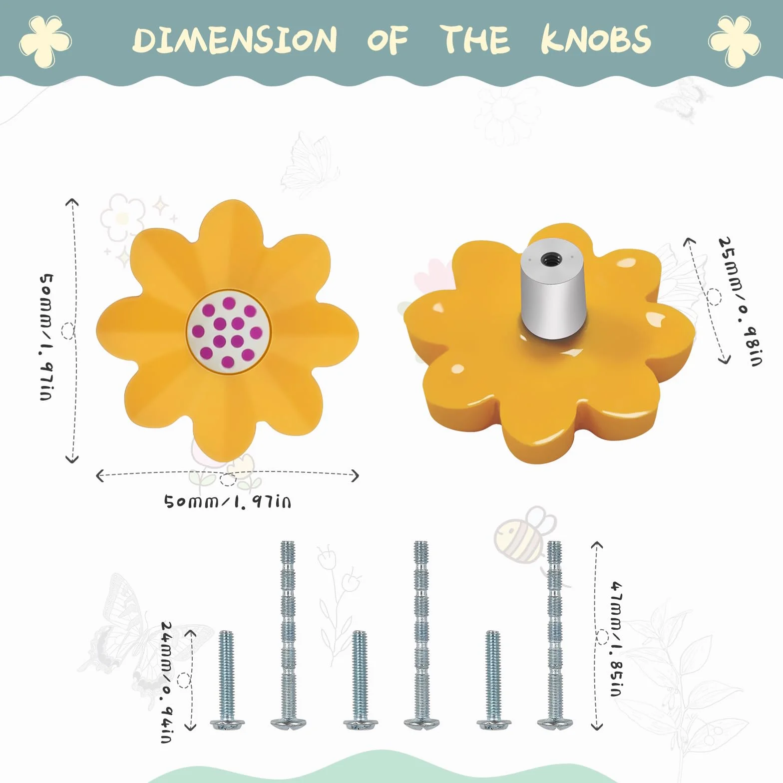 Lot de 6 Boutons en Caoutchouc Souple Forme Dessin Animé Enfants Tiroirs Chambre Jaune Fleur