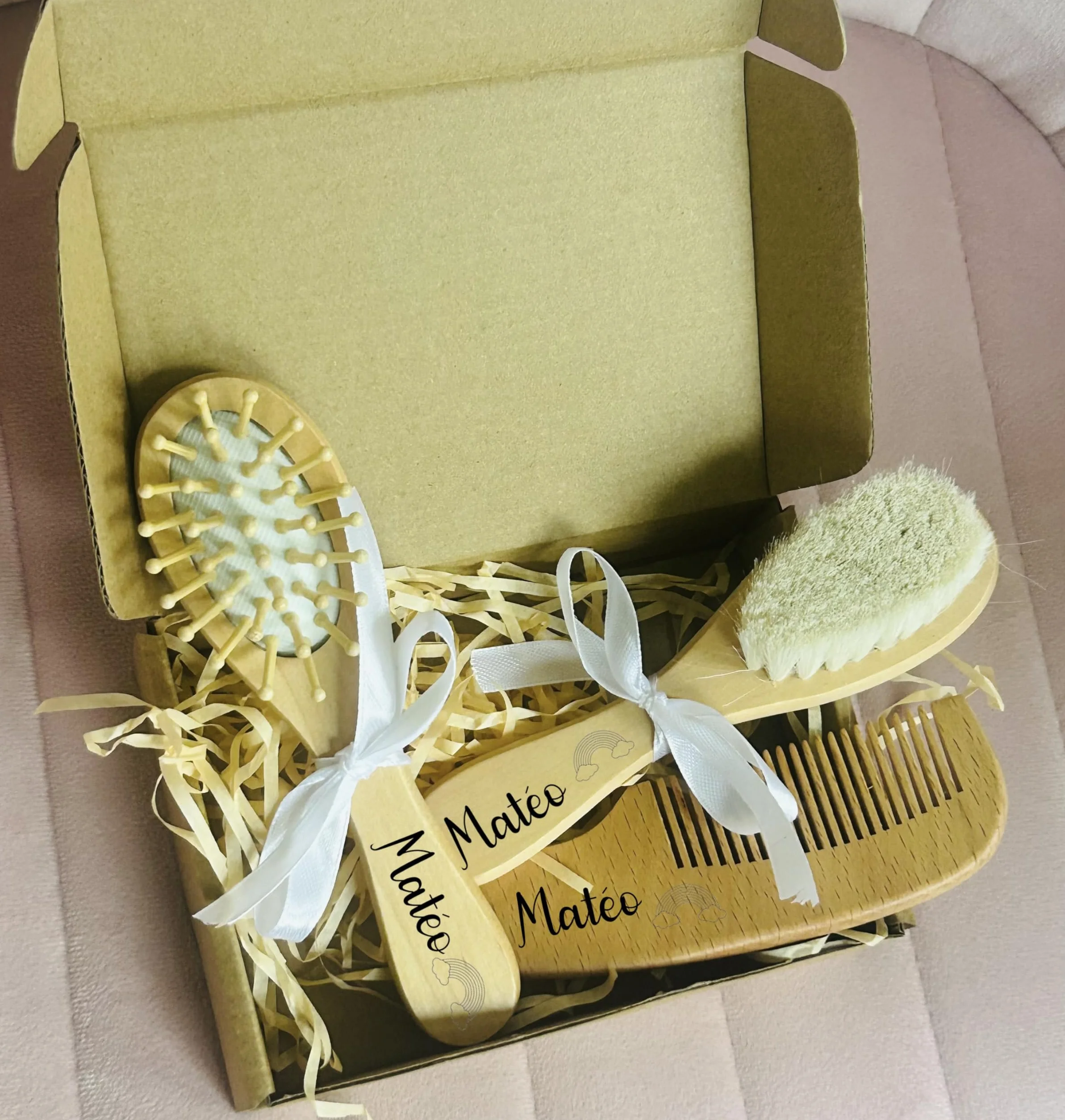 Brosse À Cheveux Bébé Personnalisée en Laine pour Nouveau-né, Peigne en Bois Portable