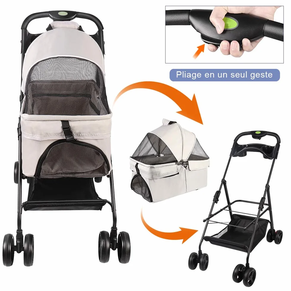 Poussette pour chien chat 3 en 1 nacelle amovible caisse transport pliable tissu 600D Oxford roues 360° fenêtre filet