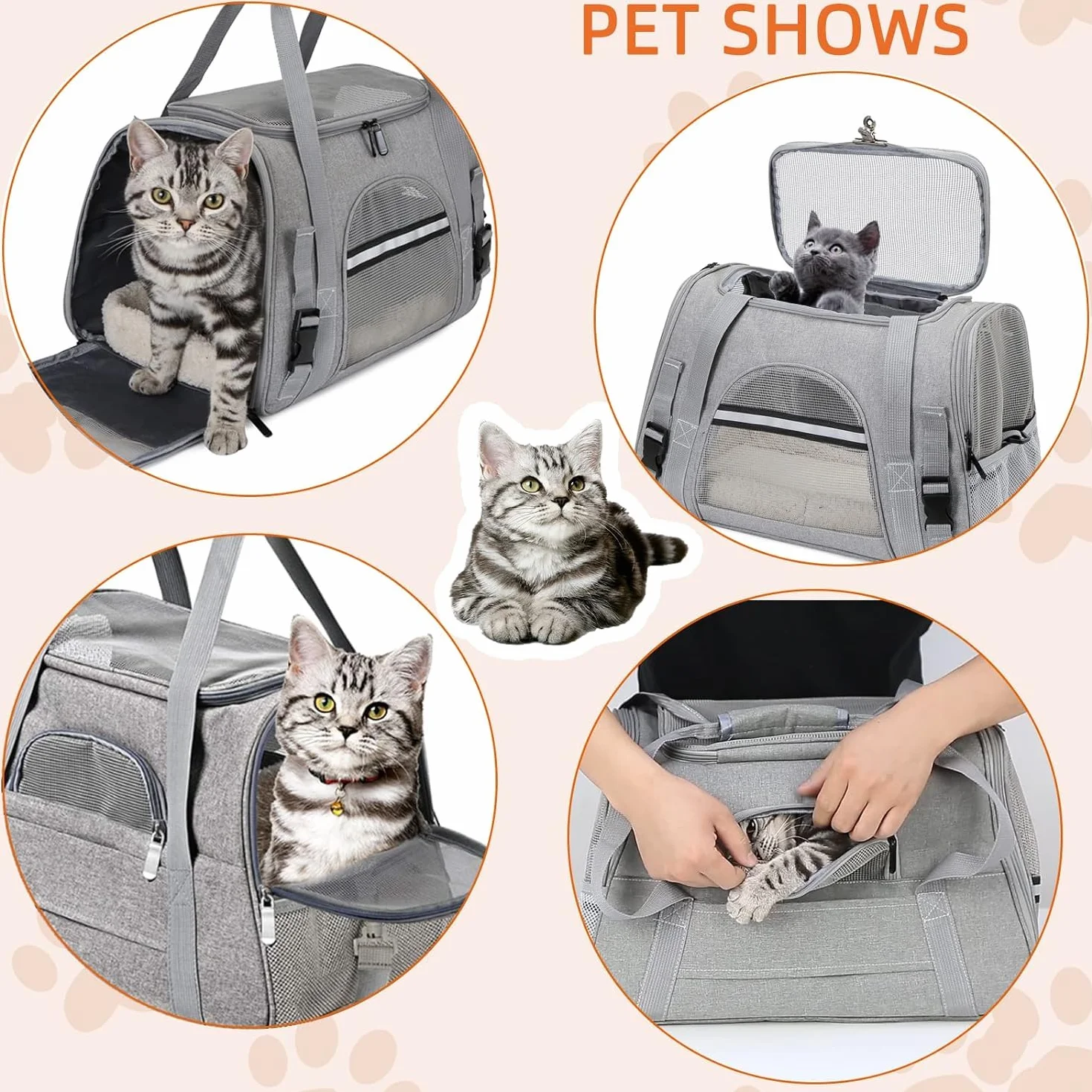 Sac de Transport pour Chat Chien avec Matelas Amovible et Bol, Pliable et Respirant (Gris)