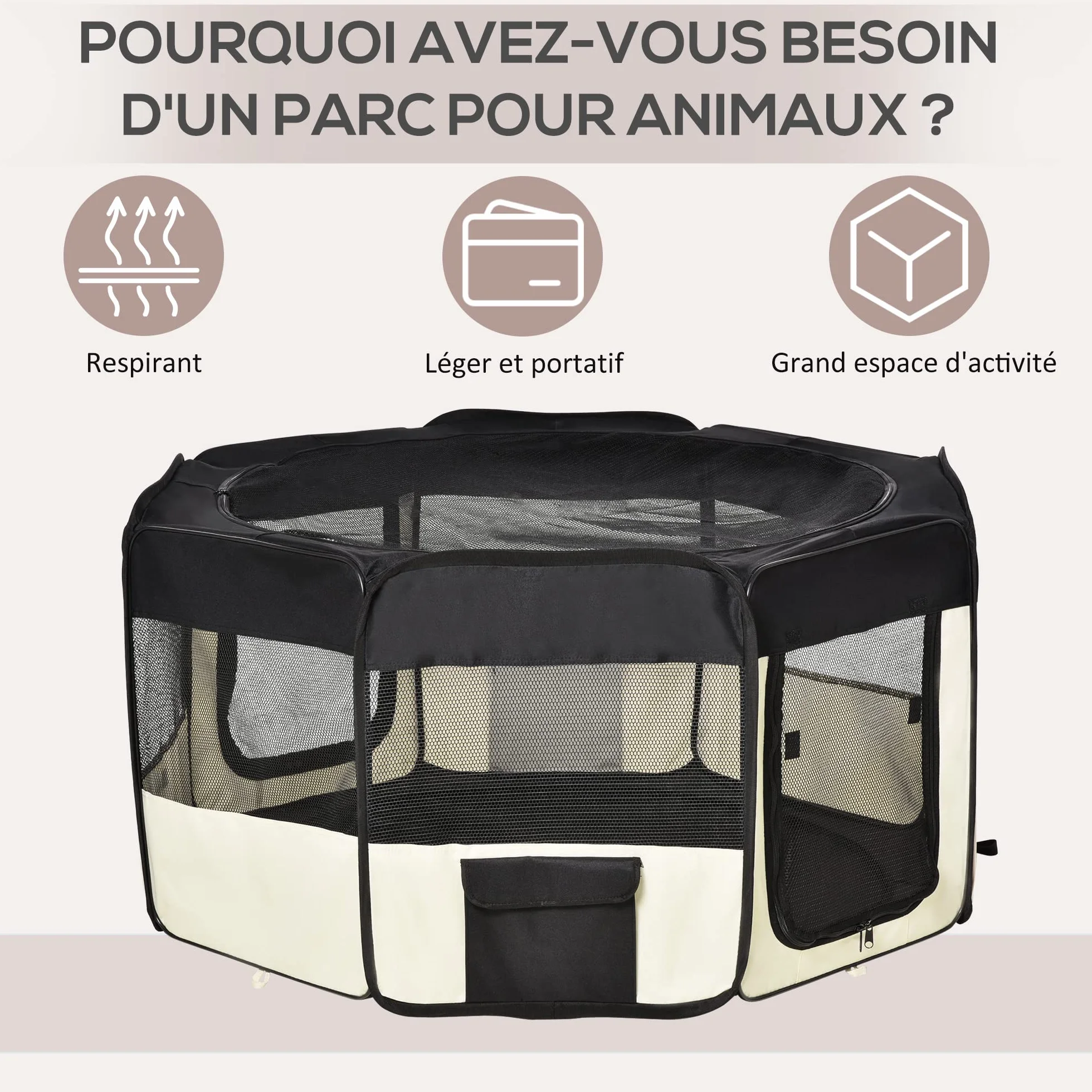 PawHut Parc enclos Pliable pour Chats et Petits Animaux octogonale en Tissu Oxford et Acier - Ø 120 x 58H cm - Noir et crème