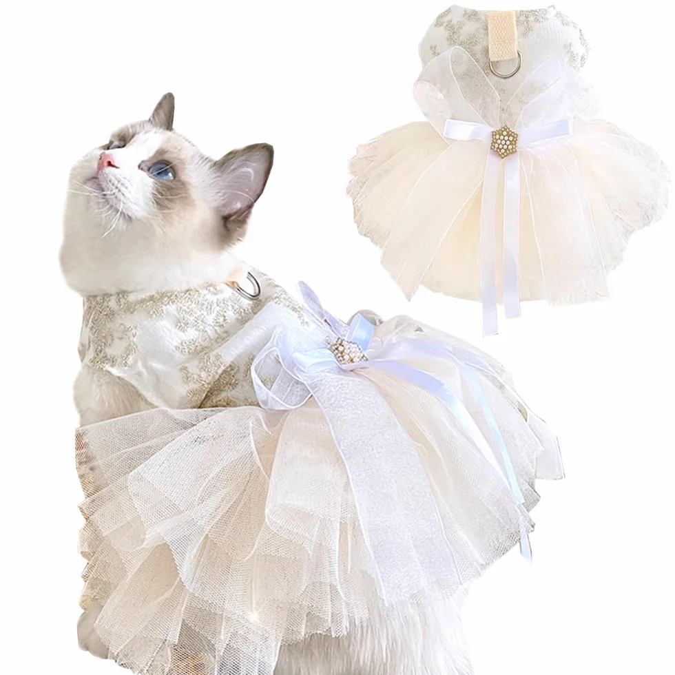 Robe de mariée brodée pour Chien avec Anneau pour Laisse, Tutu en Dentelle Multicouche, Taille M, Champagne