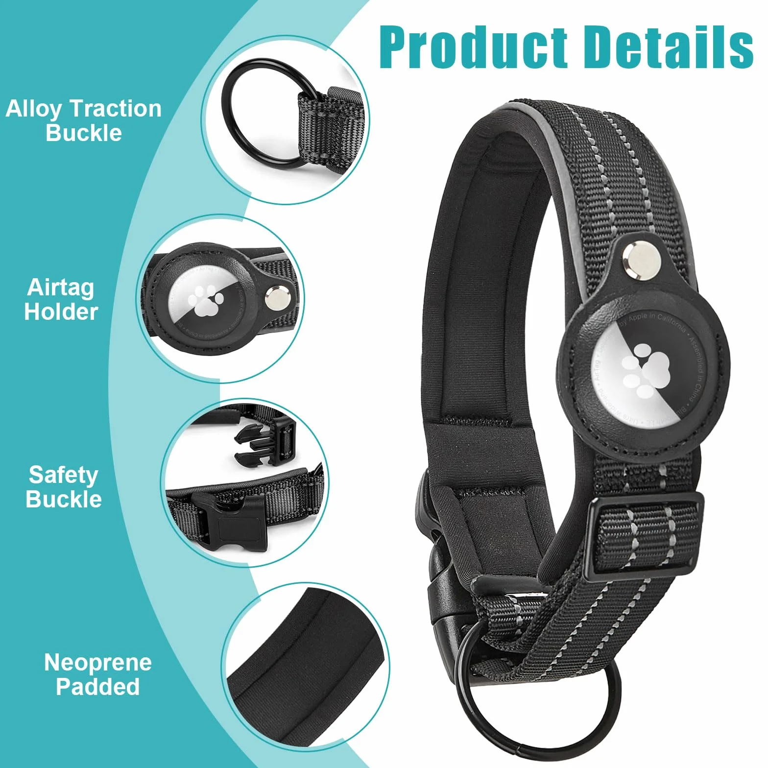 Collier Chien Réfléchissant Réglable en Nylon pour Apple AirTag avec Étui, Kaki S