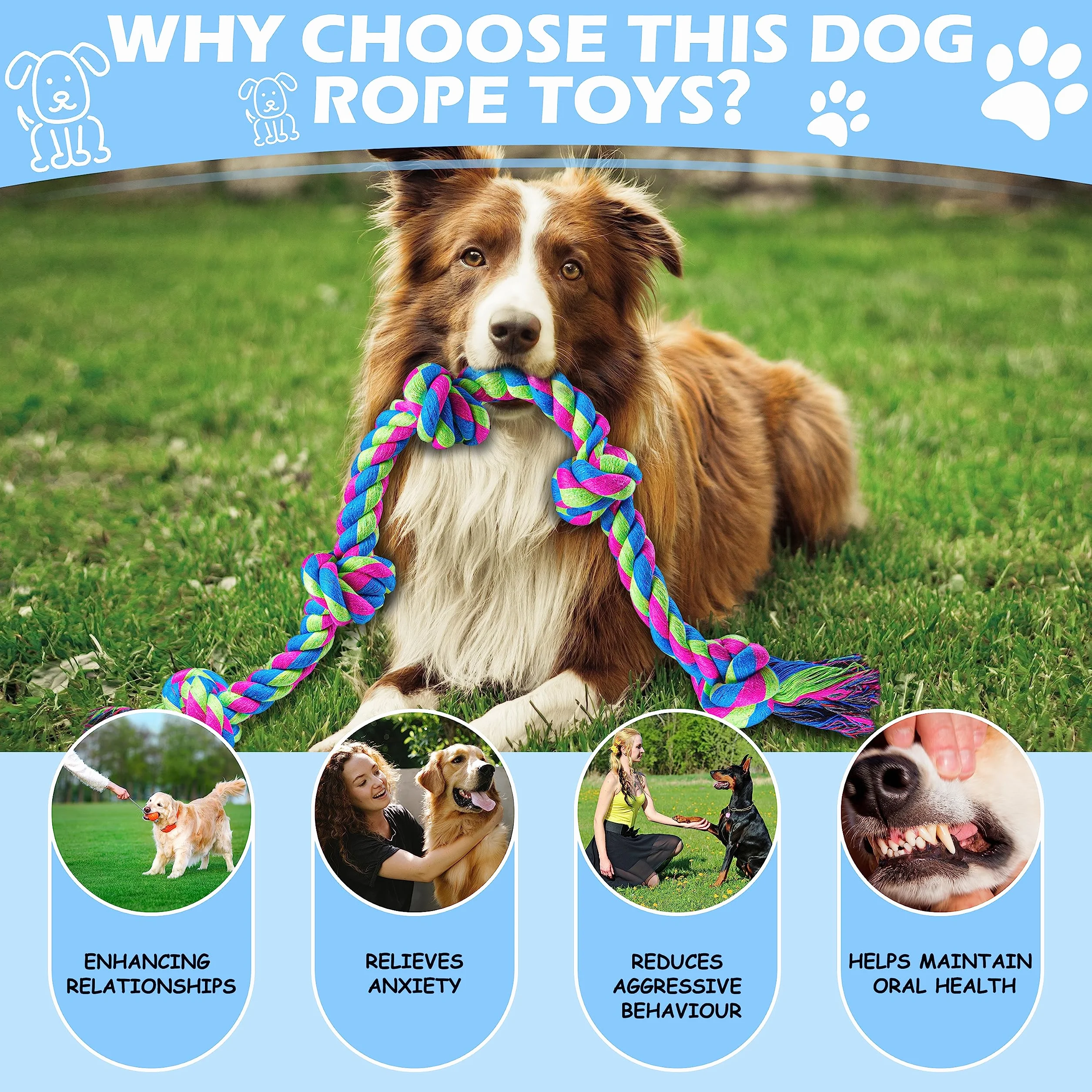 Jouet Chien Indestructible 95 cm Corde à 5 Nœuds 100% Coton pour Gros Chiens
