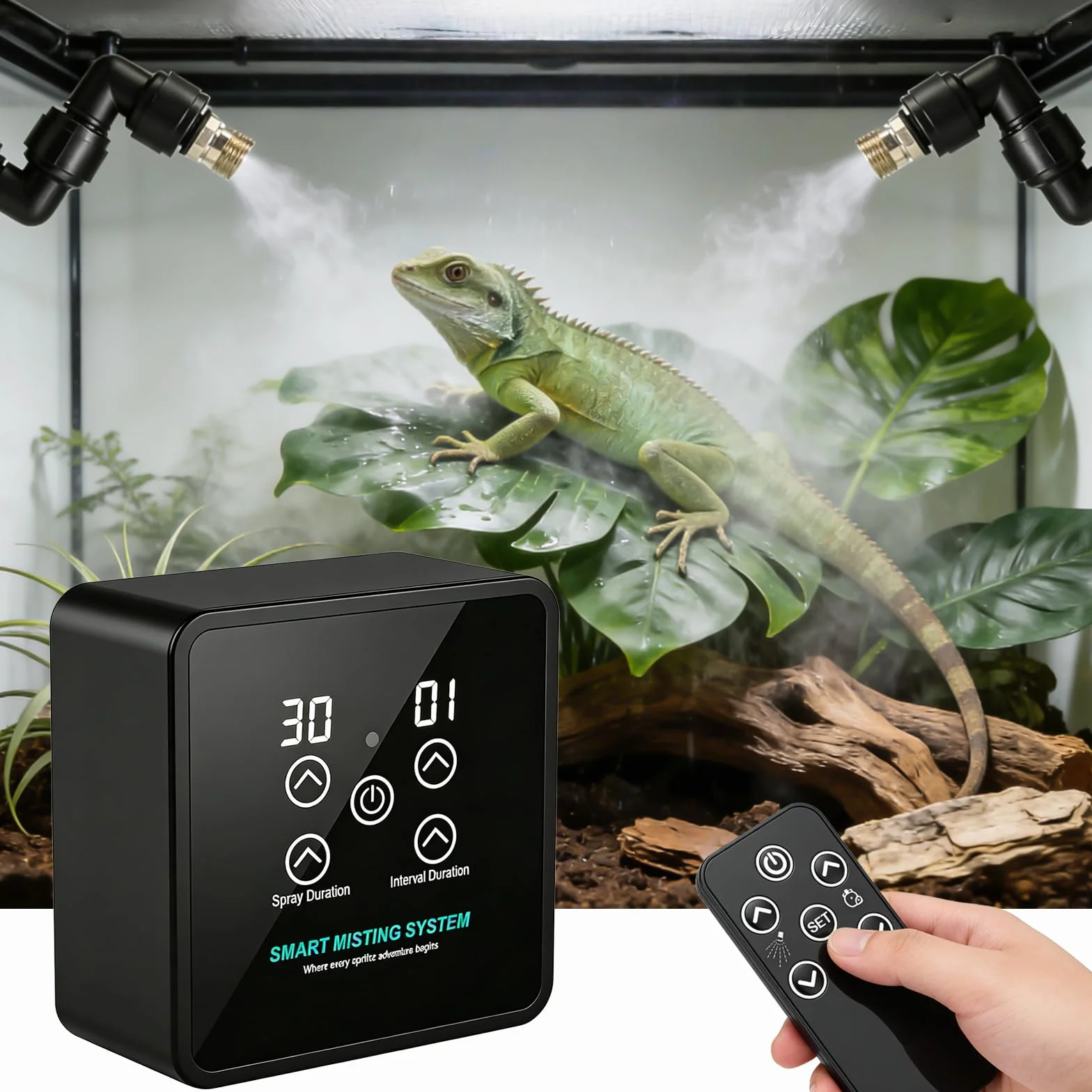 Système de Brumisation Intelligent pour Reptiles, Brumisateur Terrarium Automatique avec Minuterie, Double Buses Réglables 360°