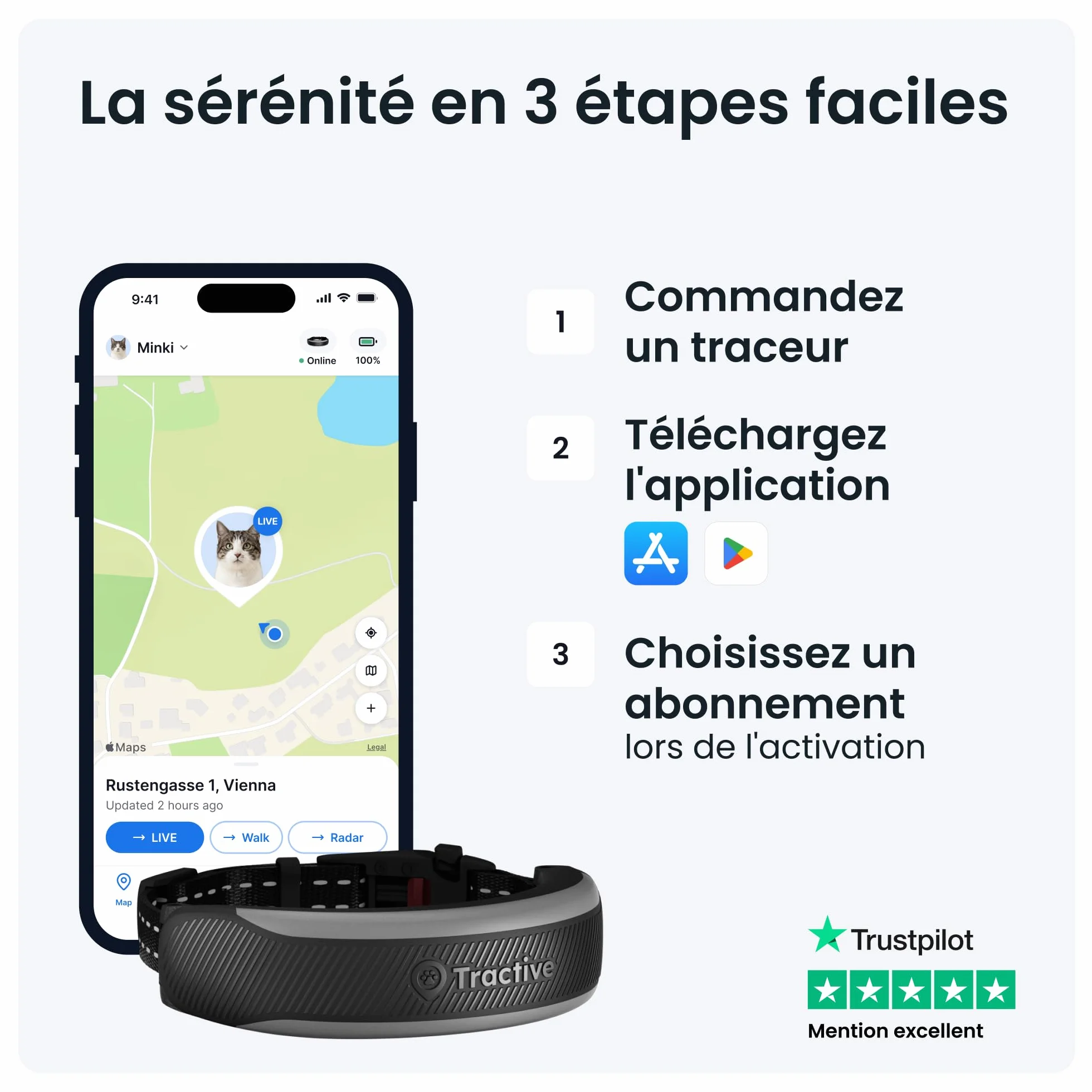 Tractive Collier GPS Chat Connecté Mini Édition 2026 Noir Localisation Directe Alertes Santé