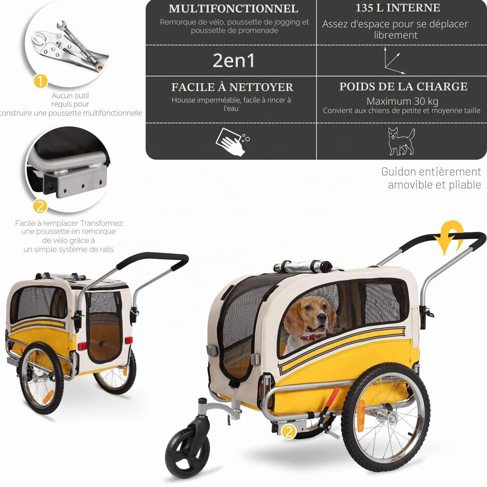 Remorque pour Chien 2 en 1 Vélo Jogging, Chariot Transport 30 kg Pliable avec Freins