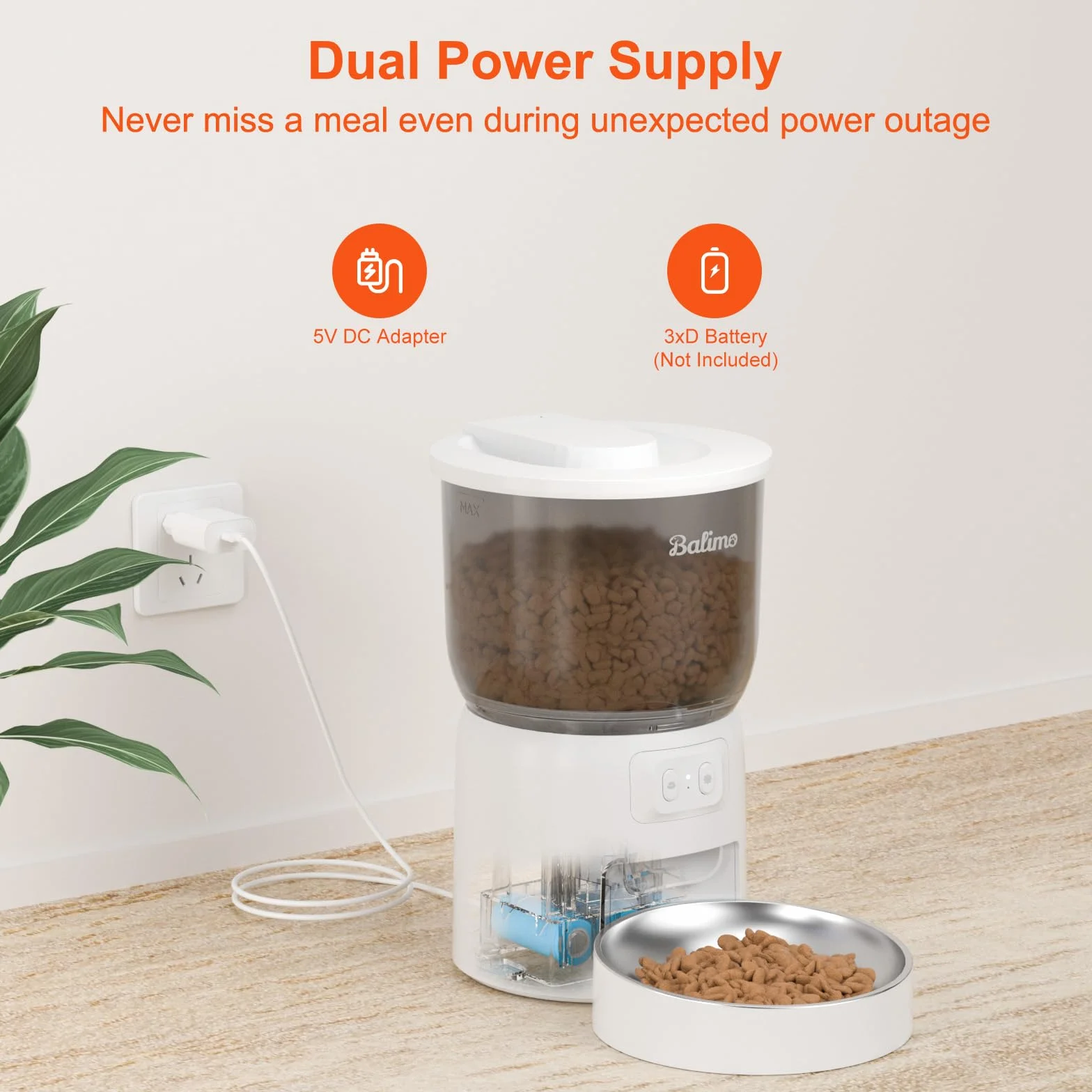 Balimo Distributeur Croquettes Chat Automatique 3L WiFi 2.4G 1-10 Repas Blanc
