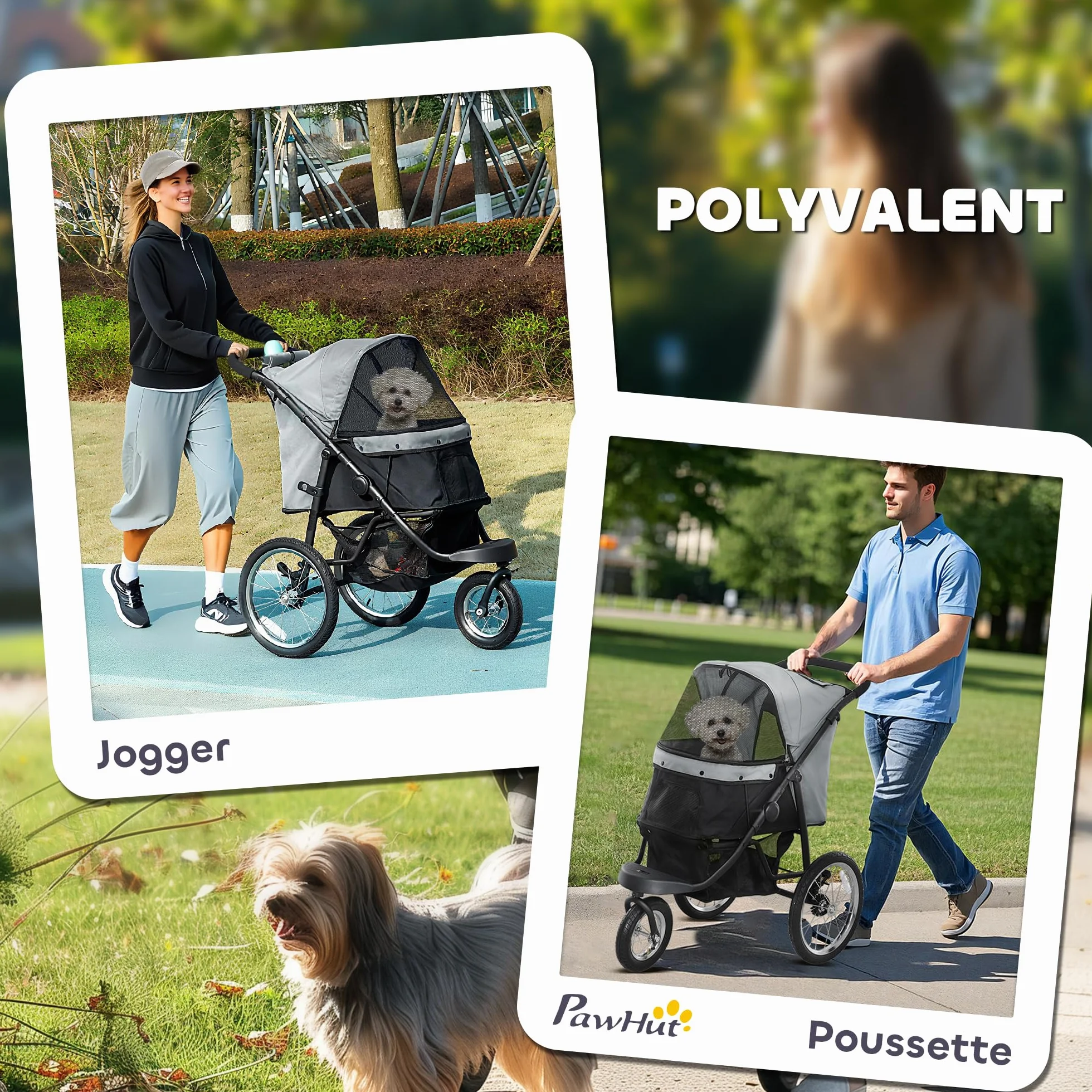 PawHut Poussette pour chien pliable en un clic, poussette chat, panier de rangement, coussin lavable, grandes roues caoutchouc, gris
