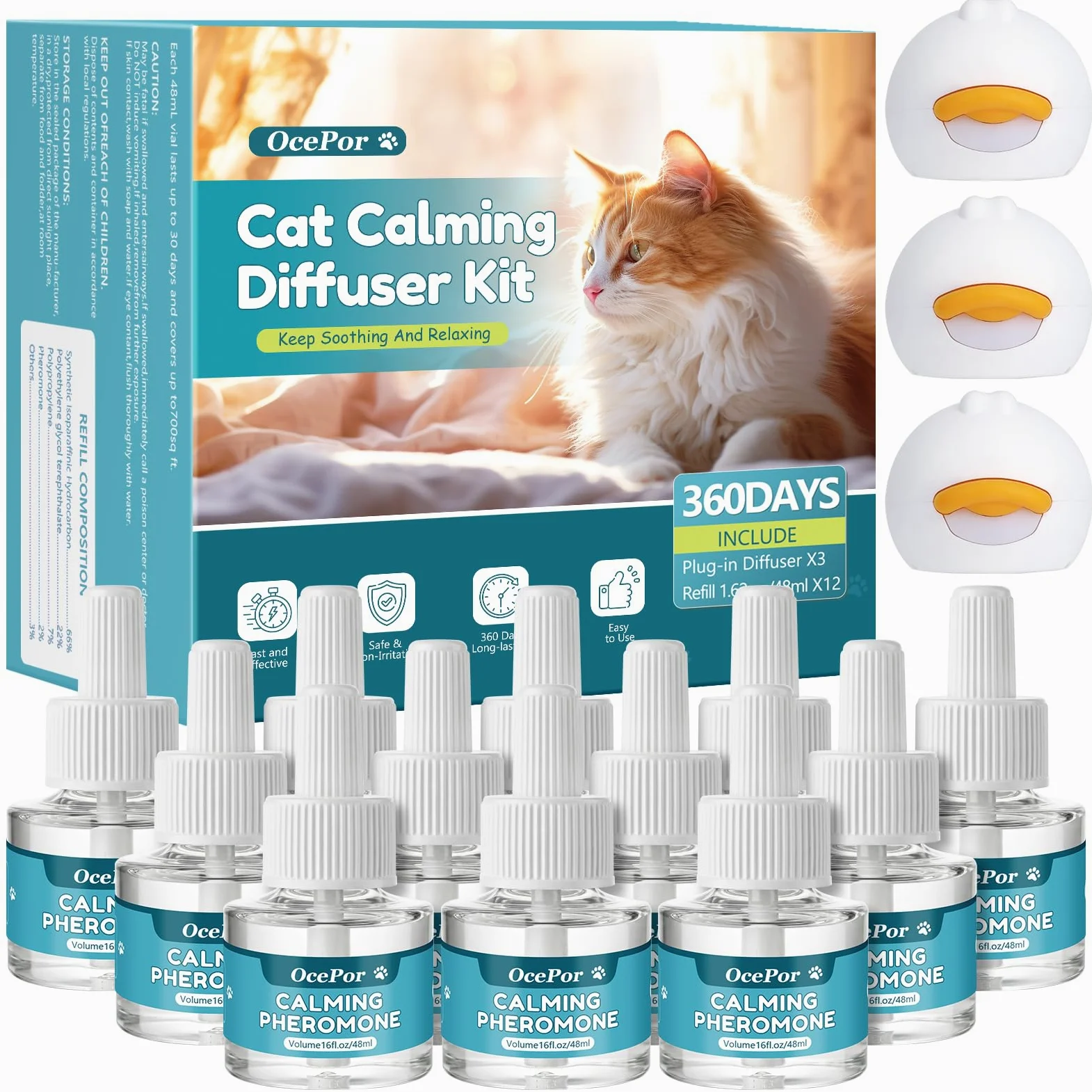 OcePor Diffuseur apaisant pour chat, 12 solutions de recharge, 3 prises - Recharge de diffuseur apaisant de phéromones pour apaiser les chats, soulager l'anxiété des chats