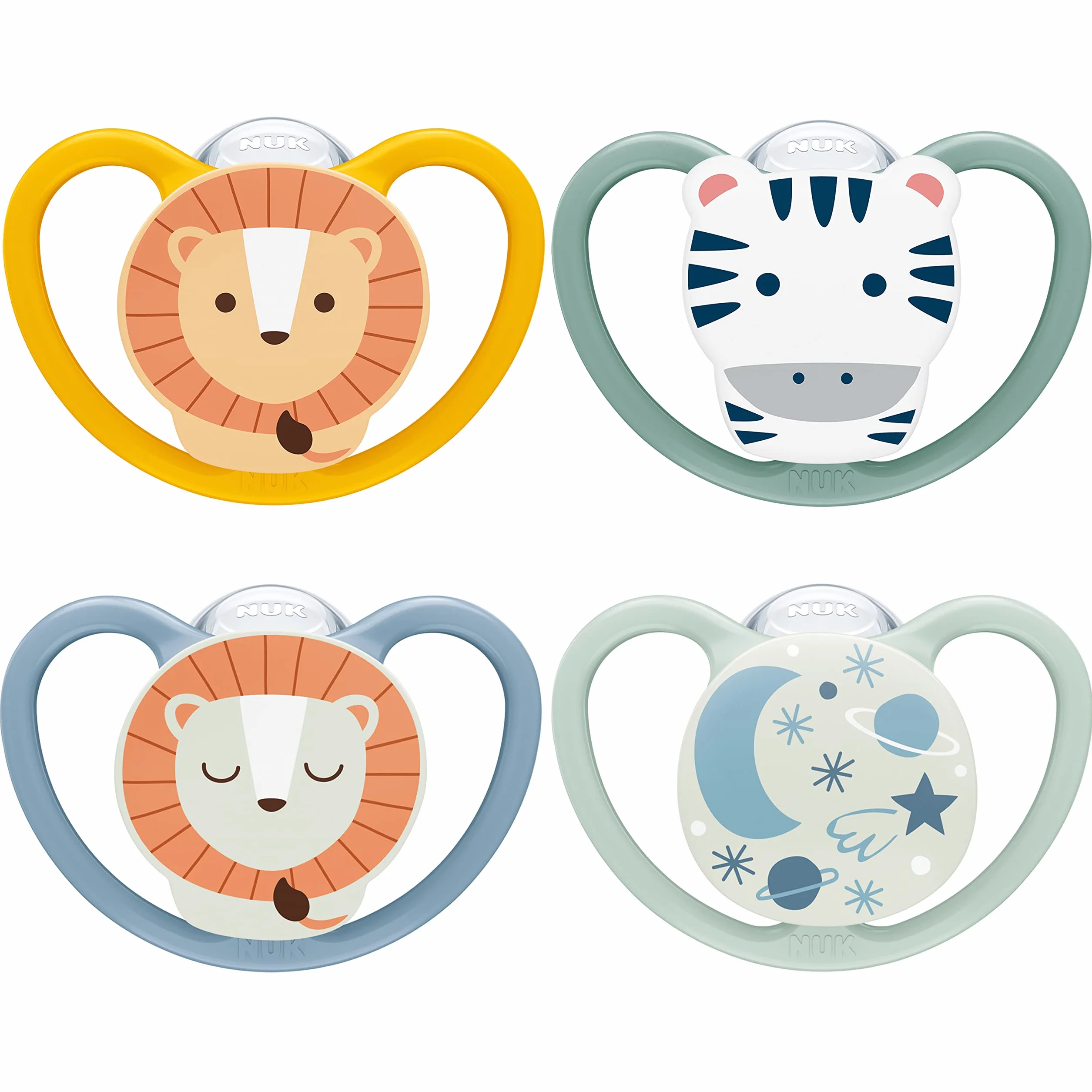 NUK Space Day & Night Tétine bébé 18-36 mois Sucettes phosphorescentes aérations extra-larges peaux sensibles Zèbre Lion Lot de 4