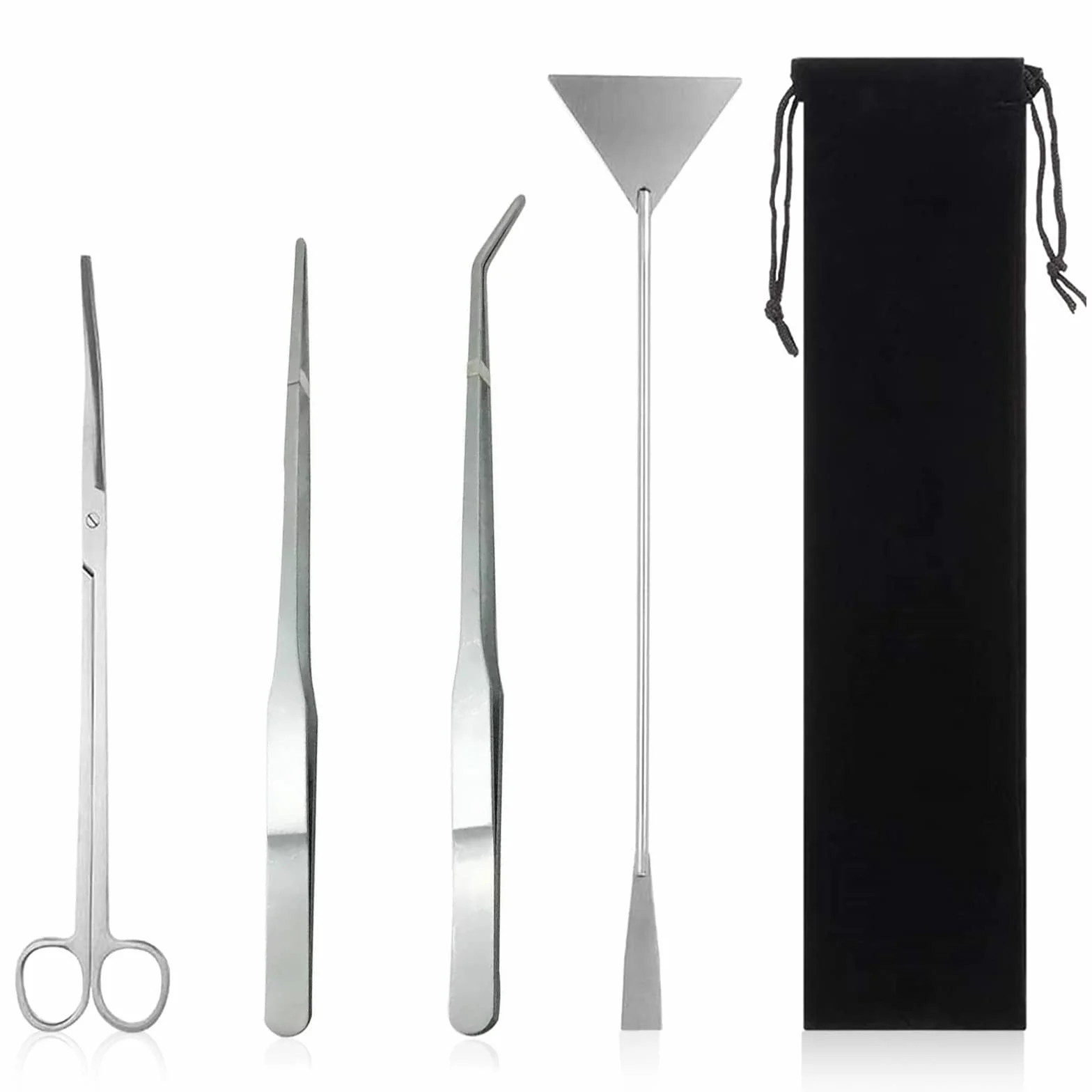 Kit d'aquascaping 4 en 1 en acier inoxydable - Ciseaux d'aquarium et pince à épiler longue avec sac de rangement