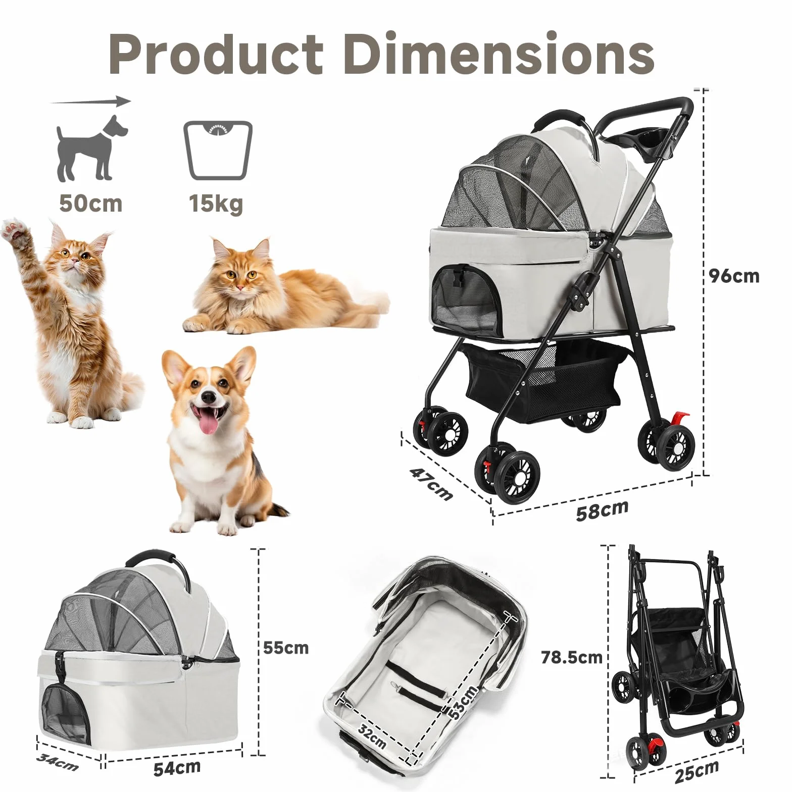 Poussette Pour Chiens et Chats De Petite Taille avec 4 Roues, Poussette 3 En 1 Pliable avec Nacelle Amovible, Mesh Respirant, Panier De Rangement et Porte-Gobelet, Jusqu'à 15 kg